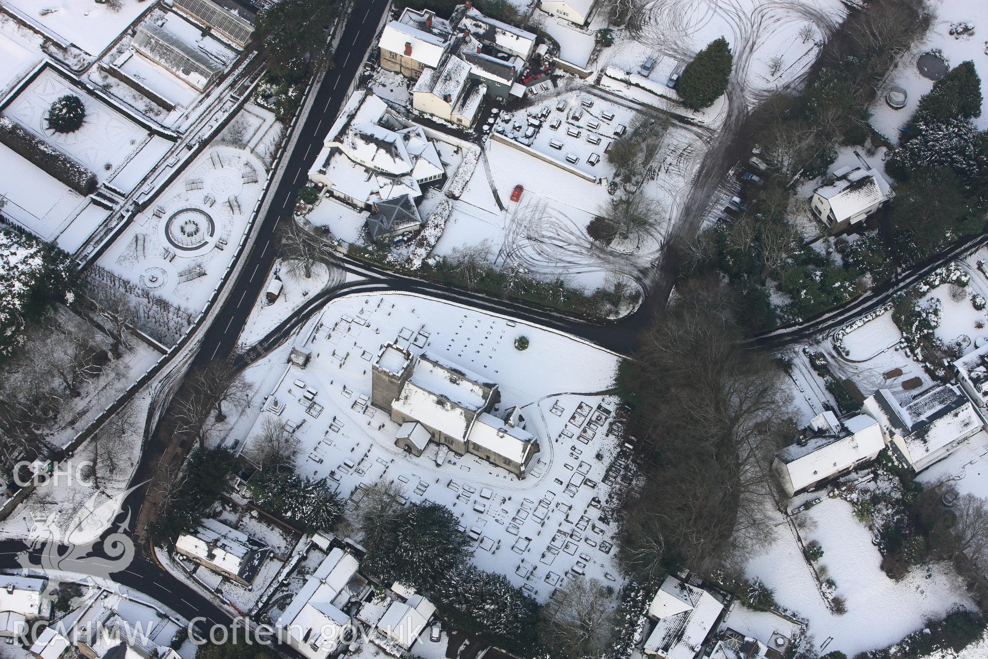 St Mary's church and the Plymouth Arms public house at St Fagans Mueseum of Welsh Life. Oblique aerial photograph taken during the Royal Commission?s programme of archaeological aerial reconnaissance by Toby Driver on 24th January 2013.