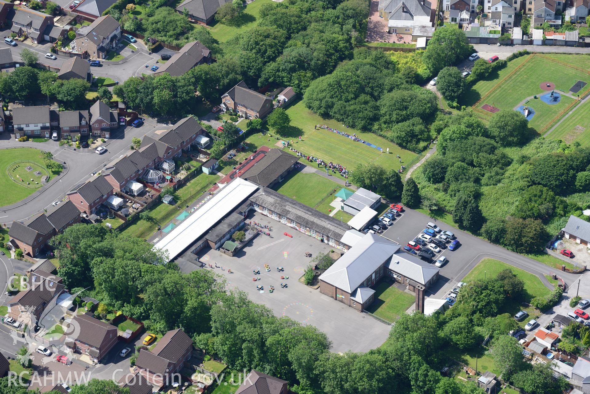 Mynydd Cynffig Infant School. Oblique aerial photograph taken during the Royal Commission's programme of archaeological aerial reconnaissance by Toby Driver on 19th June 2015.
