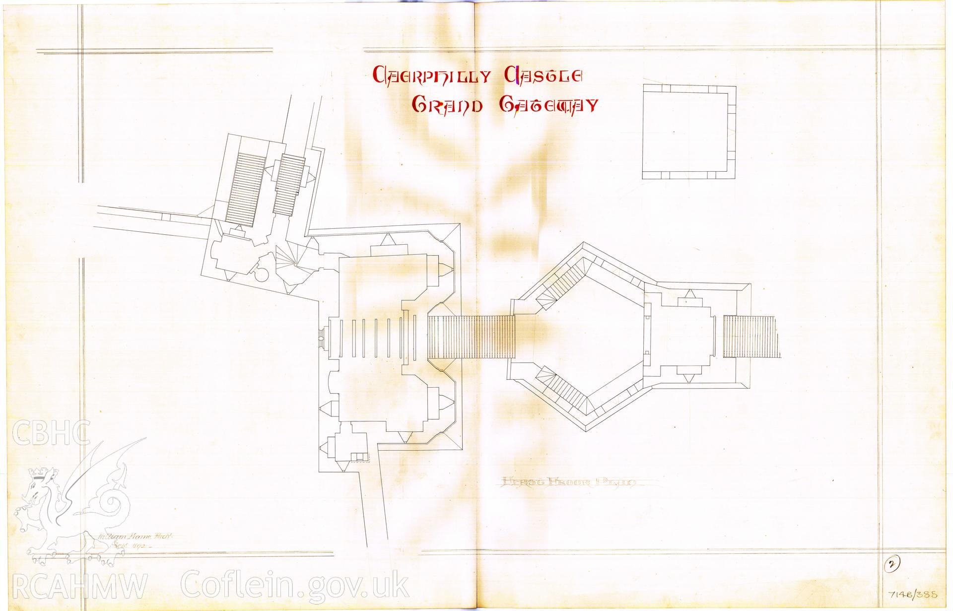 Cadw guardianship monument drawing of Caerphilly Castle. Grand Gateway 1st Floor Plan. Cadw Ref. No:714B/385. Scale 1:96.