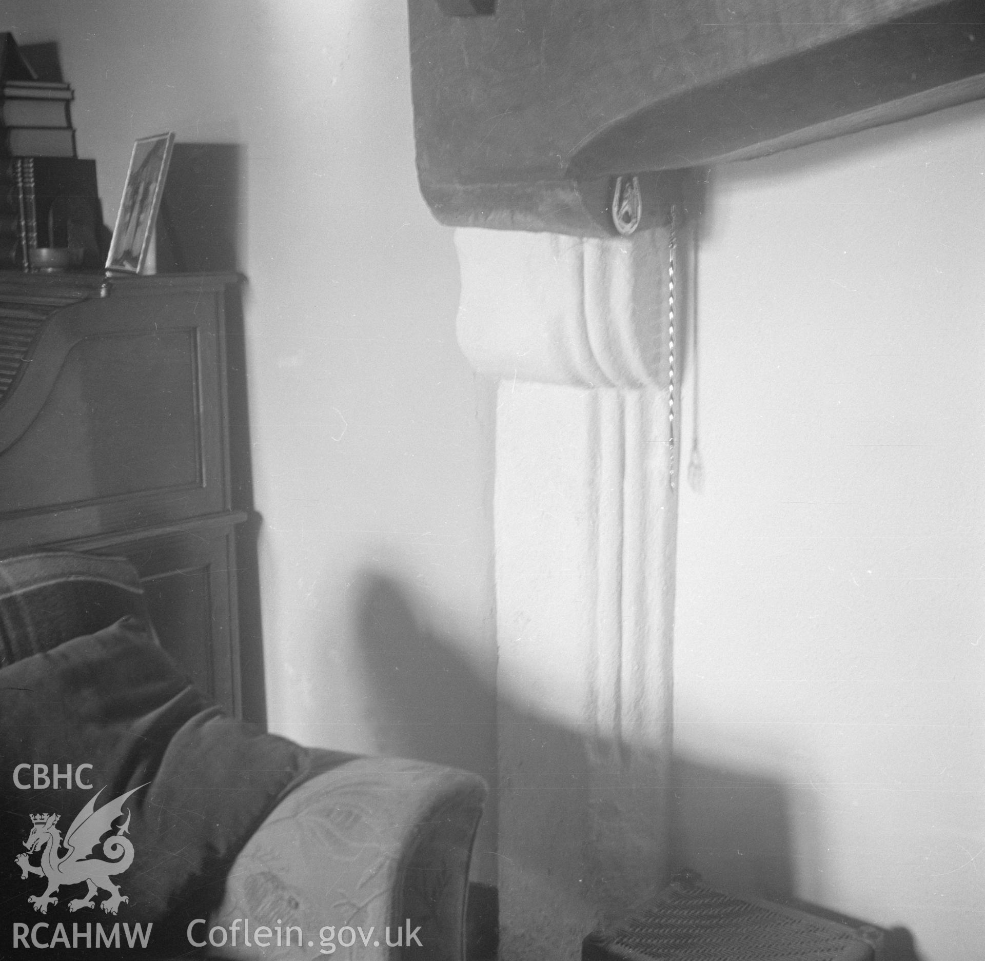 Digital copy of a nitrate negative showing fireplace at Lower Berse near Wrexham, Denbighshire.
