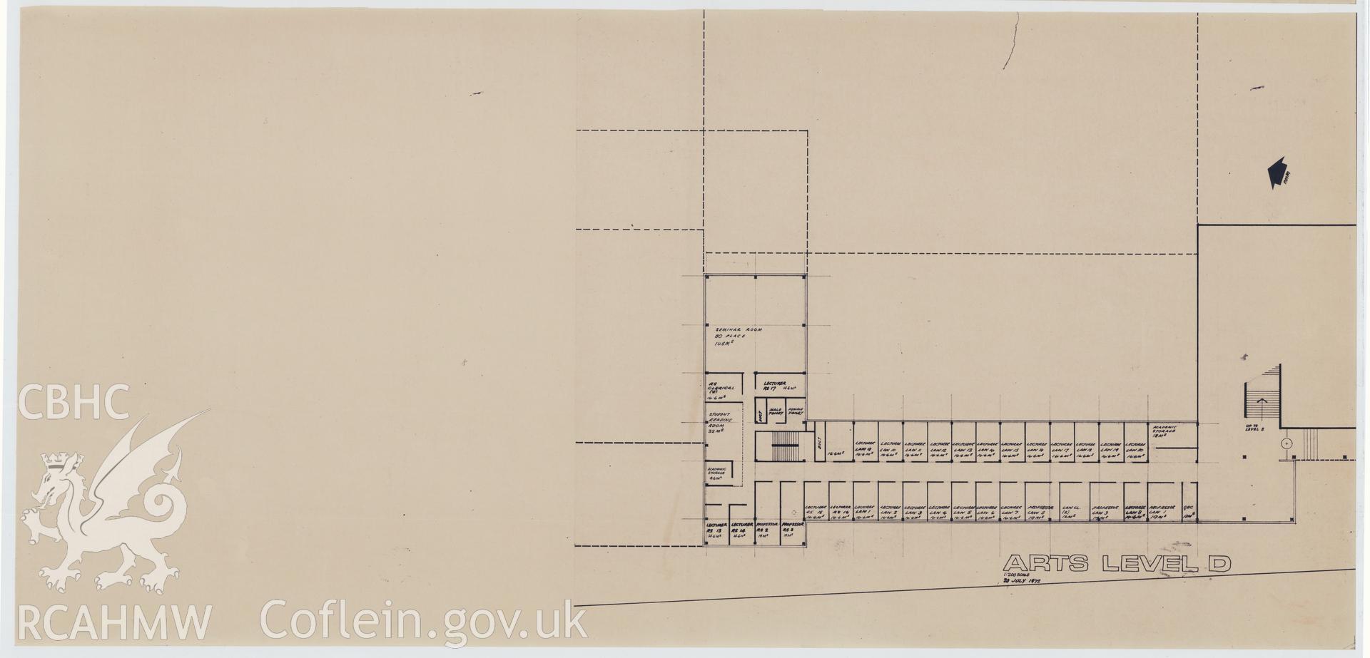 Digital copy of a plan showing Arts Level D of the proposed Library Arts Complex at University College Aberystwyth, produced by Percy Thomas Partnership. Scale 1:200.