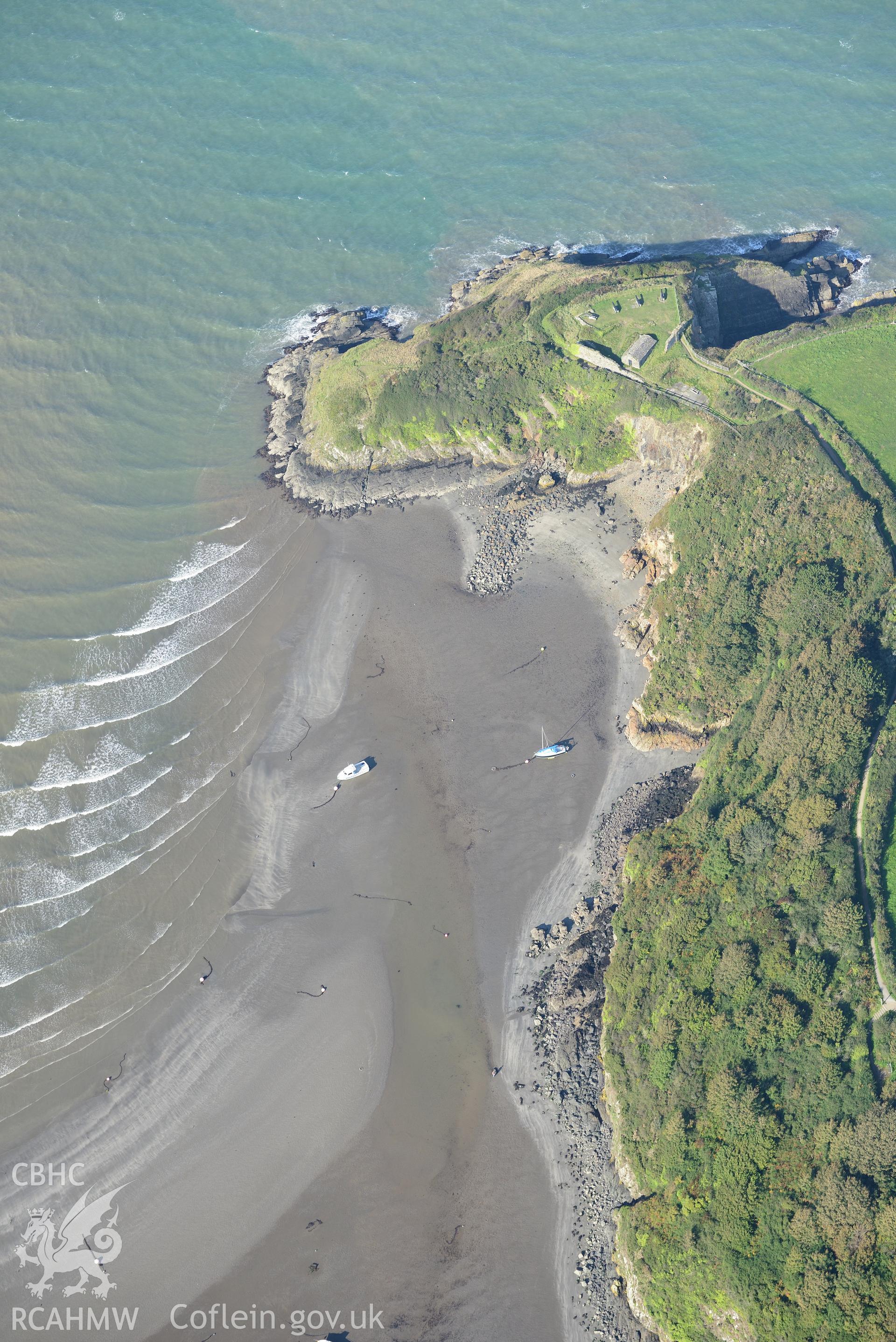 Castle Point old fort, Fishguard. Oblique aerial photograph taken during the Royal Commission's programme of archaeological aerial reconnaissance by Toby Driver on 30th September 2015.
