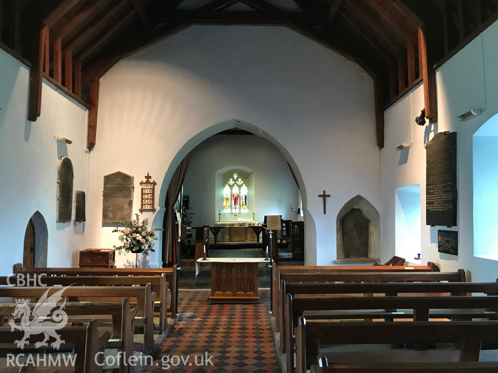 Colour photo showing interior of St. Cenydd's Church, Llangenydd, taken by Paul R. Davis, 10th May 2018.