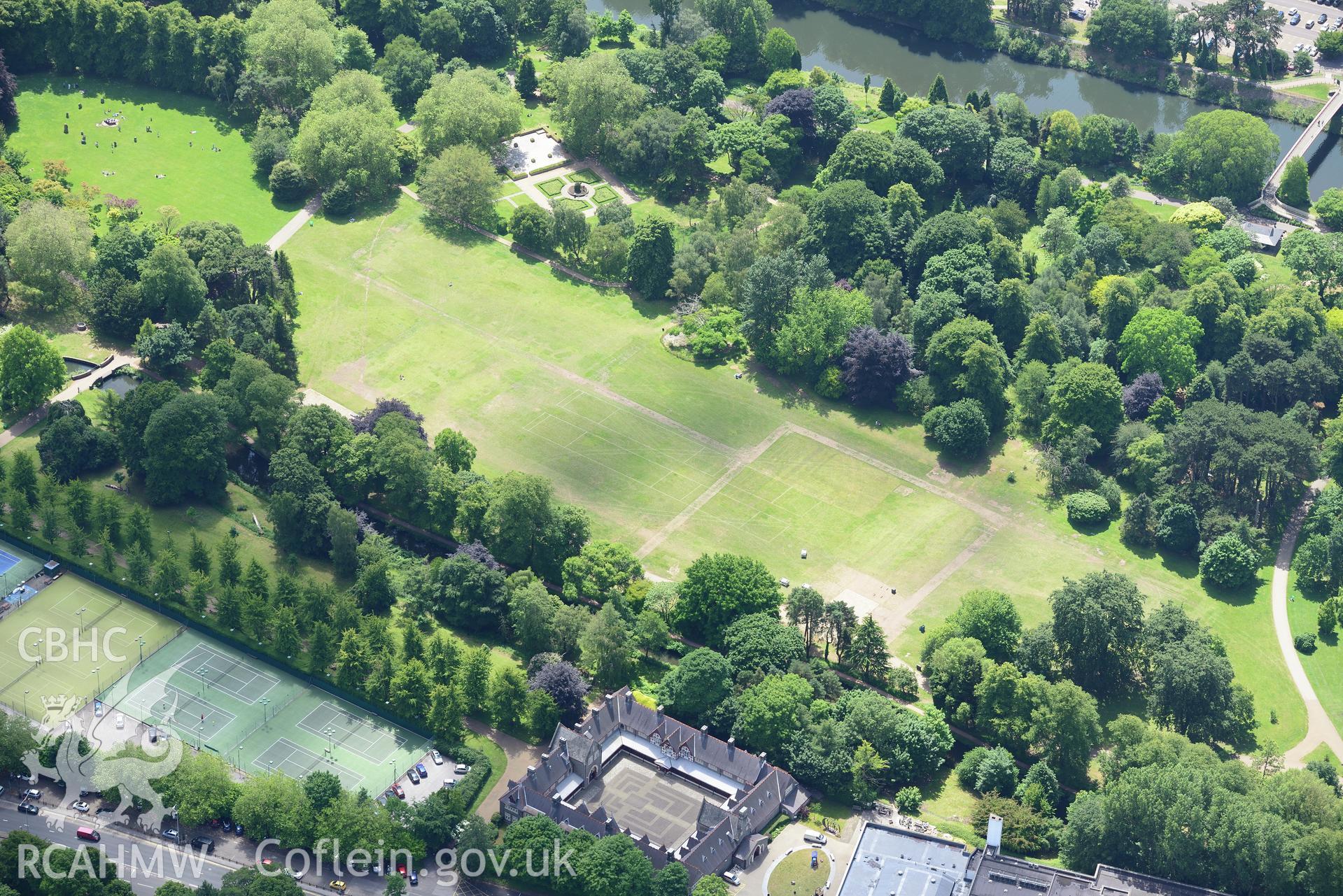 Cardiff Castle Stables, Bute Park and Blackfriars Dominican Priory, Cardiff. Oblique aerial photograph taken during the Royal Commission's programme of archaeological aerial reconnaissance by Toby Driver on 29th June 2015.