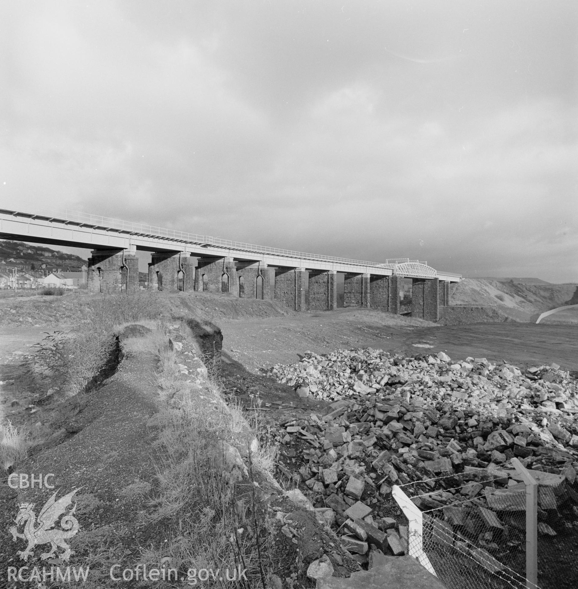 Digital copy of a black and white negative showing view of Landore Viaduct, taken in 1981.