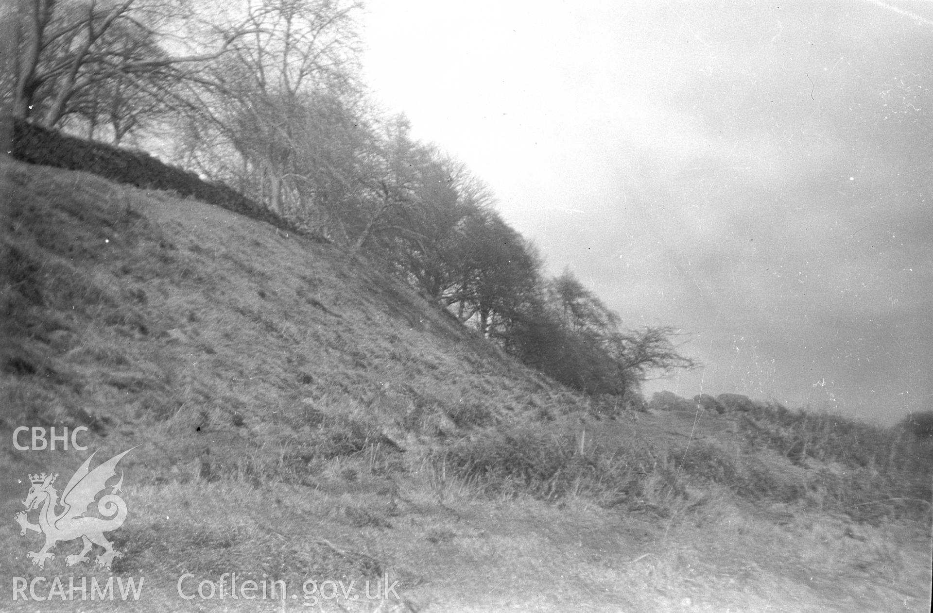 Digital copy of a nitrate negative showing Breidden Hill camp. From the Cadw Monuments in Care Collection.