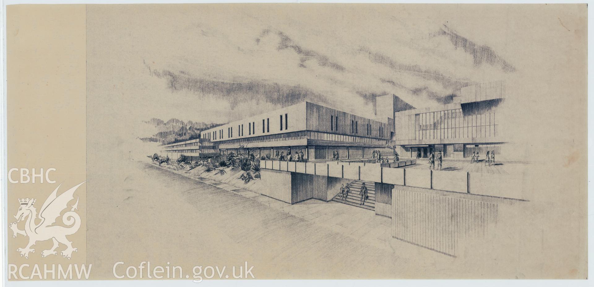 Digital copy of a perspective view of the proposed Library Arts Complex at University College Aberystwyth, produced by Percy Thomas Partnership. Scale 1:500.