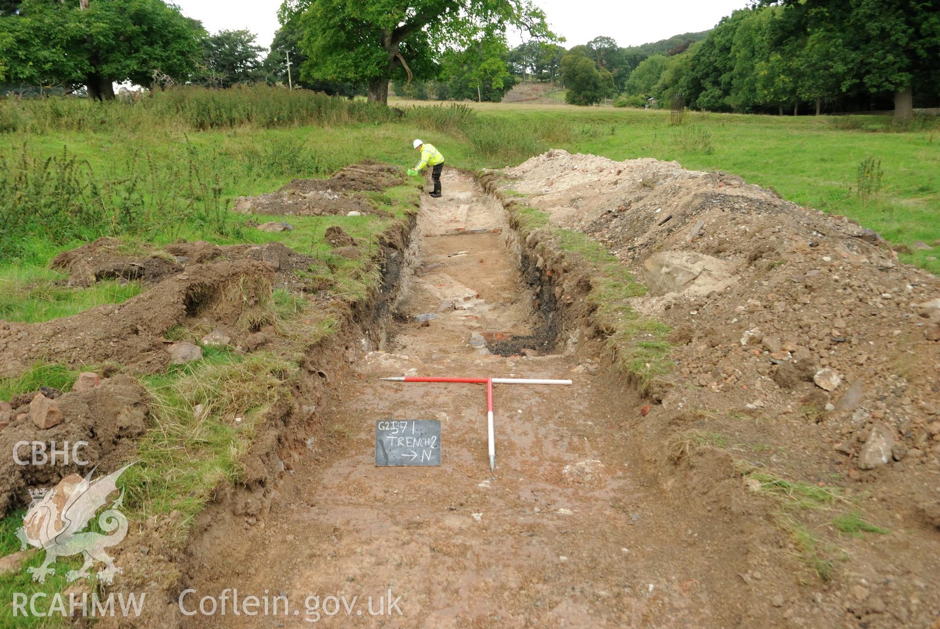 View from the east of Trench 2, post-excavation. Photographed during archaeological evaluation of Kinmel Park, Abergele, conducted by Gwynedd Archaeological Trust on 24th August 2018. Project no. 2571.
