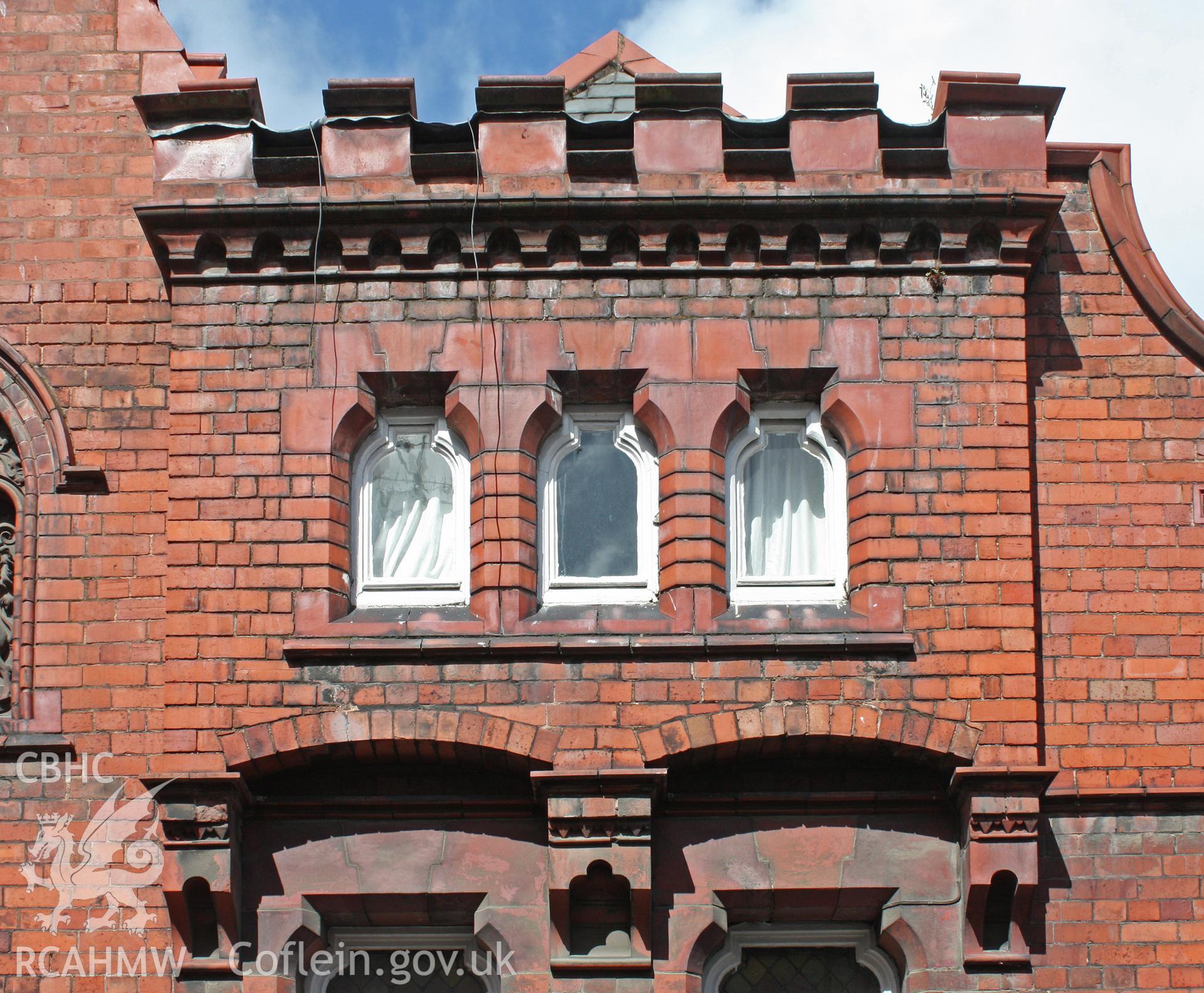 Colour photograph showing exterior detail of windows at Denbigh Conservative or Constitutional Club, Photographed during survey conducted by Geoff Ward on 19th July 2012.