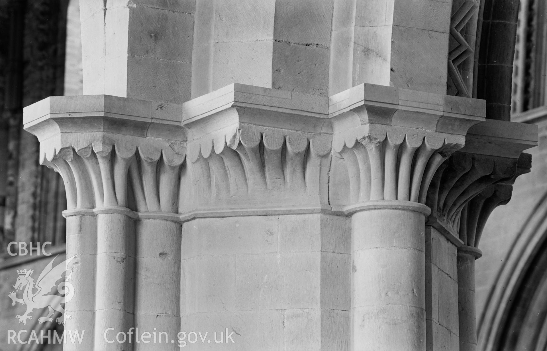 Digital copy of a black and white nitrate negative showing detail of capital at St. David's Cathedral, taken by E.W. Lovegrove, July 1936