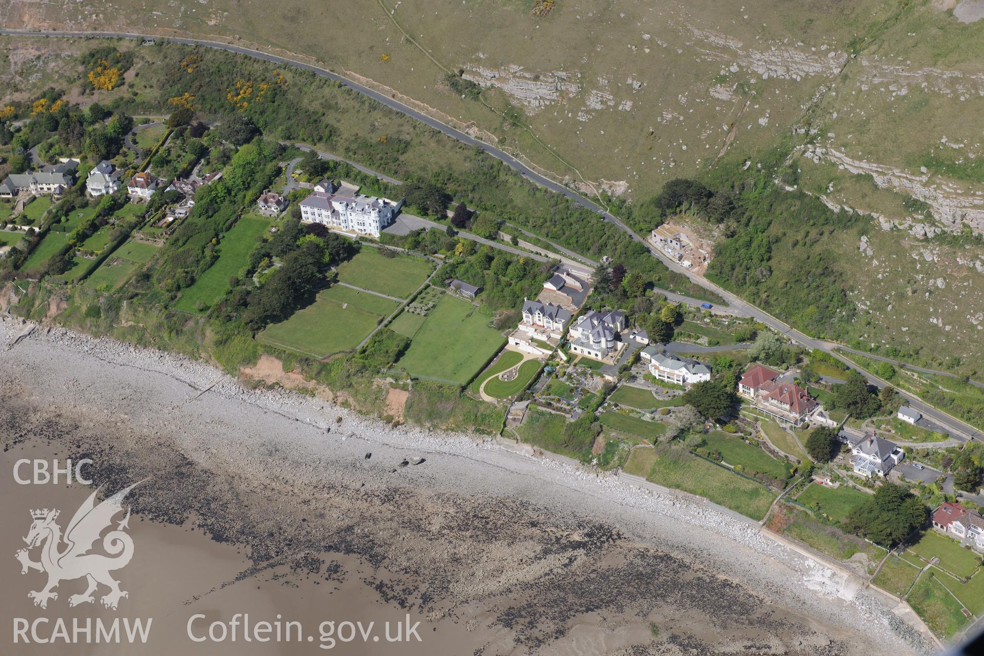 The remains of Gogarth Abbey, Gogarth Abbey convalescent home and Gogarth Abbey garden, Llandudno. Oblique aerial photograph taken during the Royal Commission?s programme of archaeological aerial reconnaissance by Toby Driver on 22nd May 2013.