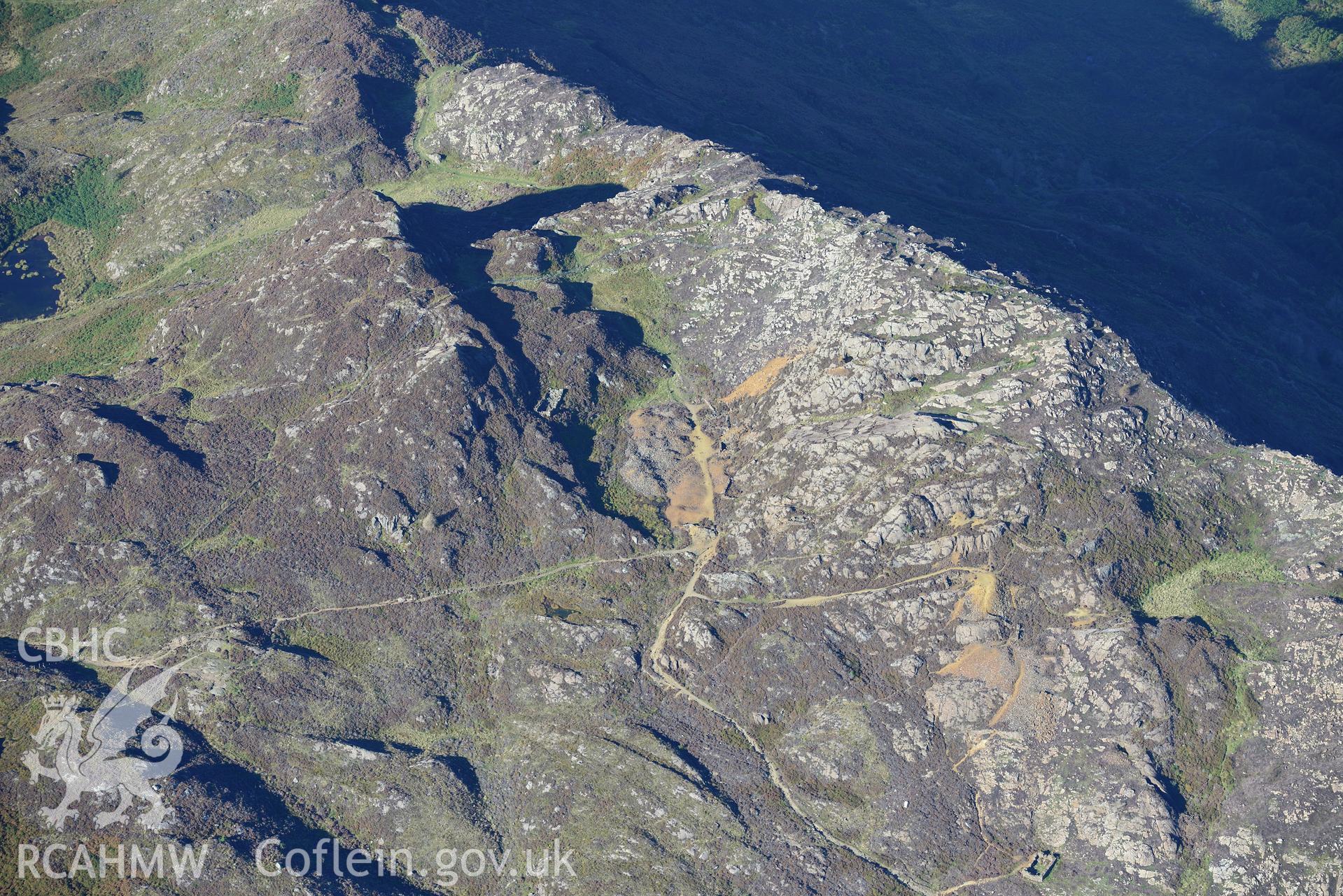 Llwyndu copper mine, west of Beddgelert. Oblique aerial photograph taken during the Royal Commission's programme of archaeological aerial reconnaissance by Toby Driver on 2nd October 2015.