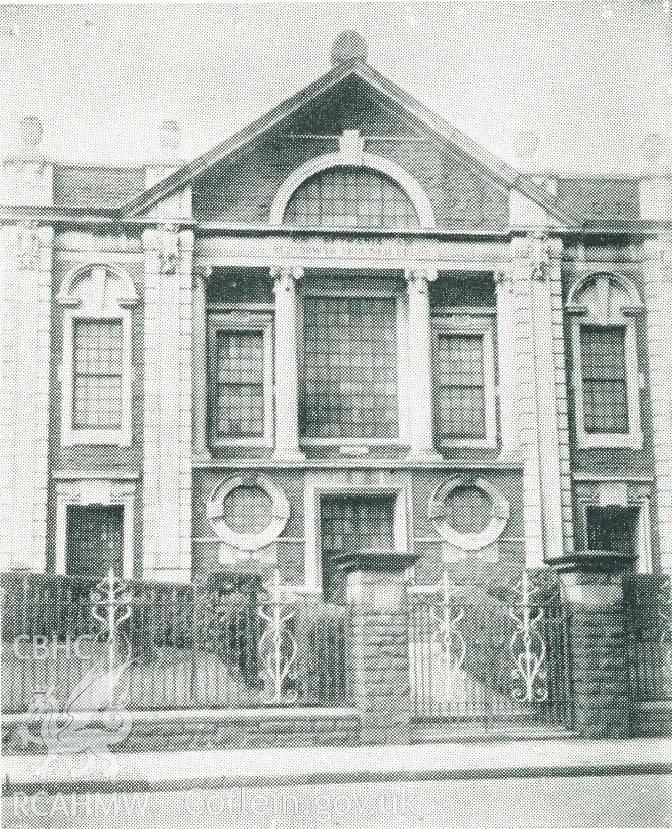 Black and white photograph of the front facade of the chapel, from a copy of the programme for the second opening of Bethania Chapel on 12th April 1967. Donated to the RCAHMW by Enyd Carroll as part of the Digital Dissent Project.