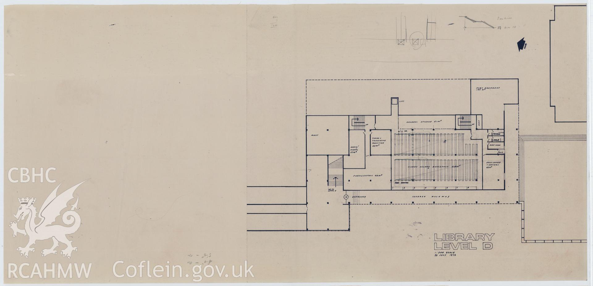 Digital copy of a plan showing Library Level D of the proposed Library Arts Complex at University College Aberystwyth, produced by Percy Thomas Partnership. Scale 1:200.