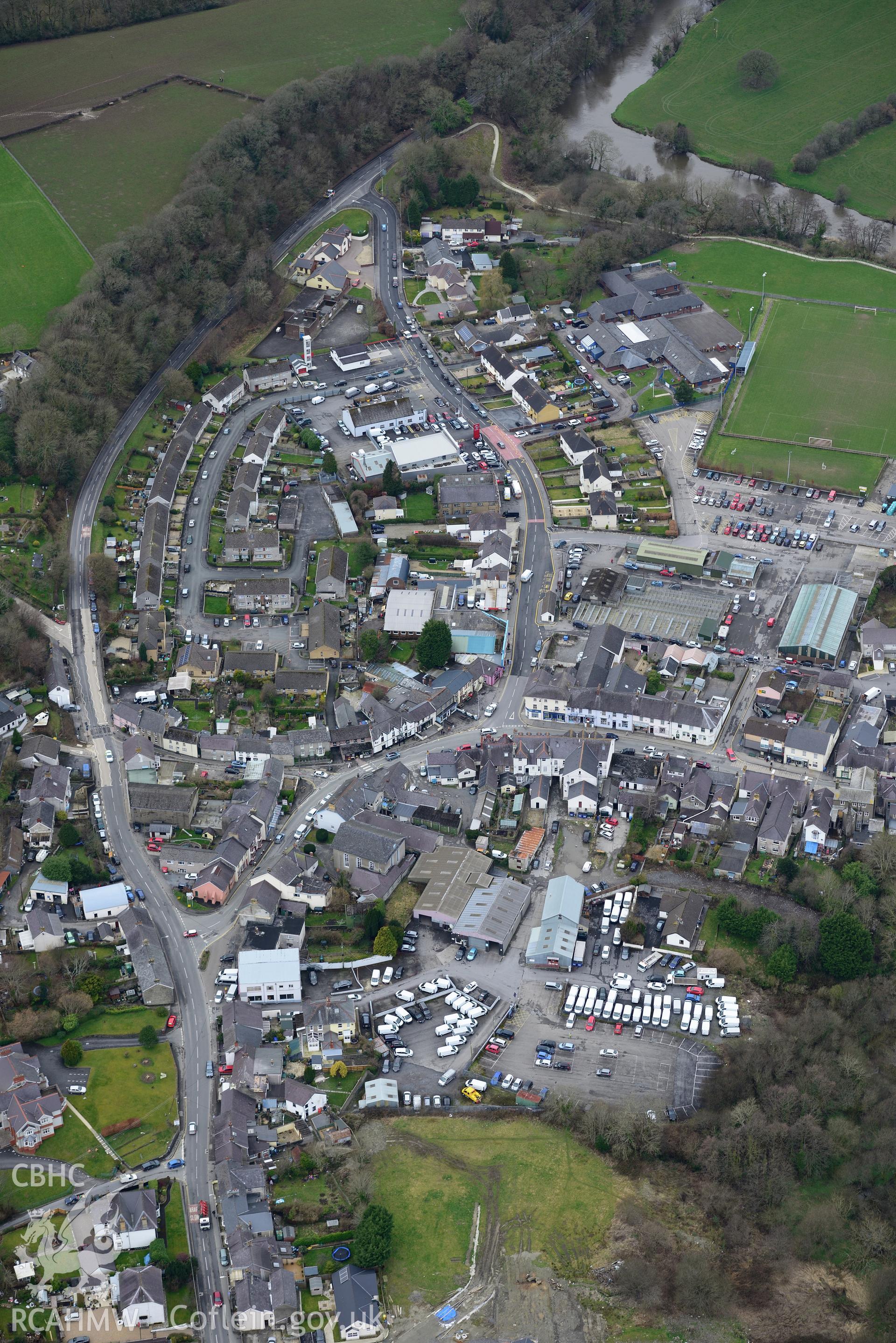 Newcastle Emlyn livestock market, Newcastle Emlyn. Oblique aerial photograph taken during the Royal Commission's programme of archaeological aerial reconnaissance by Toby Driver on 13th March 2015.