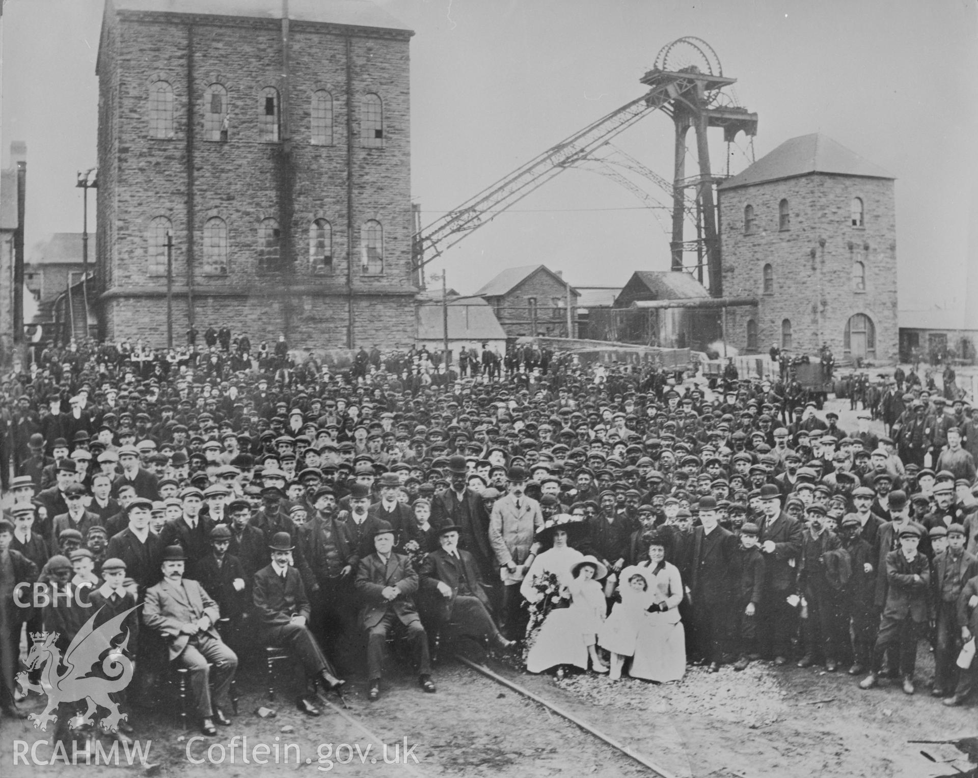 Digital copy of an acetate negative showing large group of miners and colliery officials at Ocean Deep Navigation Colliery, from the John Cornwell Collection.