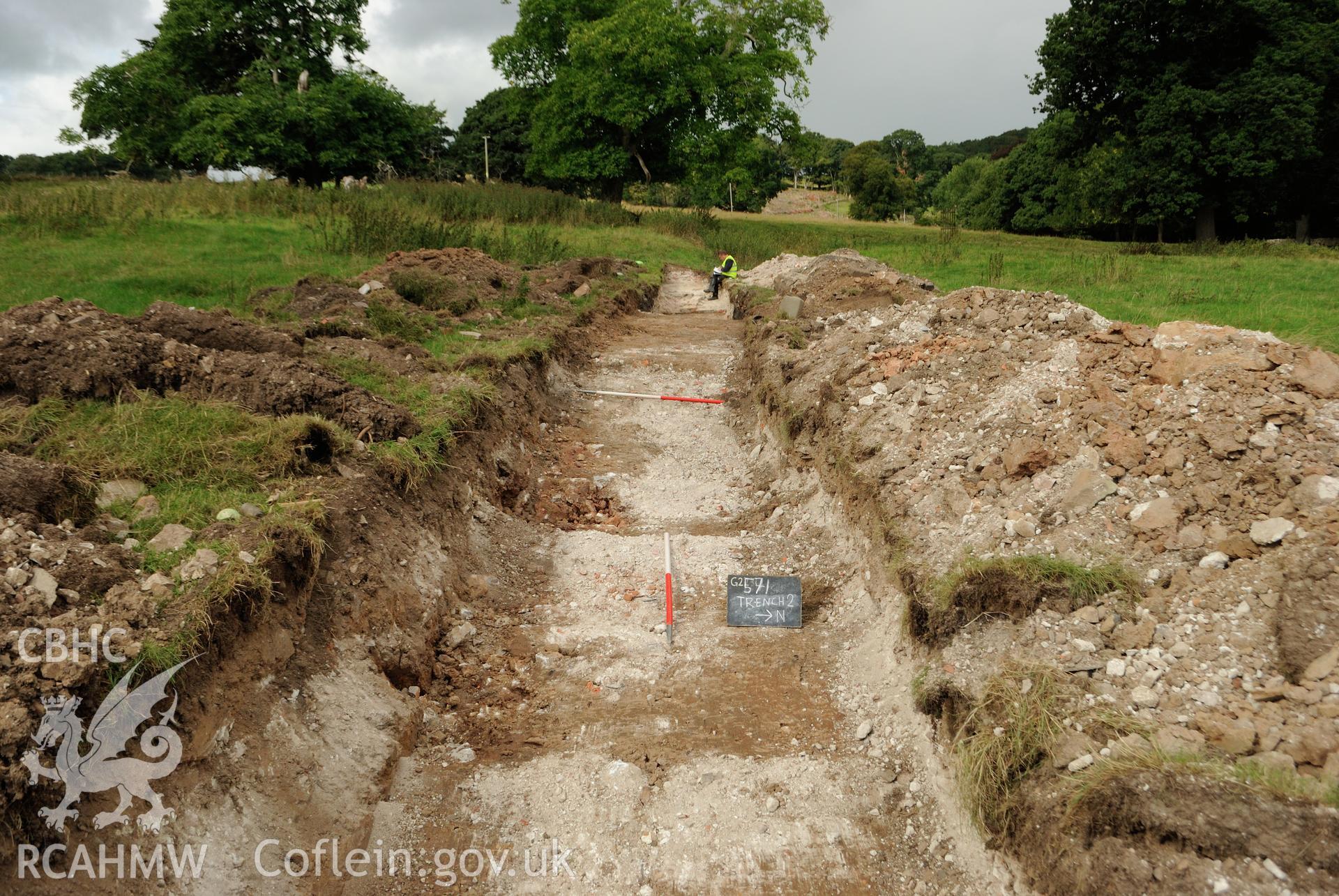 View from the east of Trench 2, post-excavation. Photographed during archaeological evaluation of Kinmel Park, Abergele, conducted by Gwynedd Archaeological Trust on 24th August 2018. Project no. 2571.