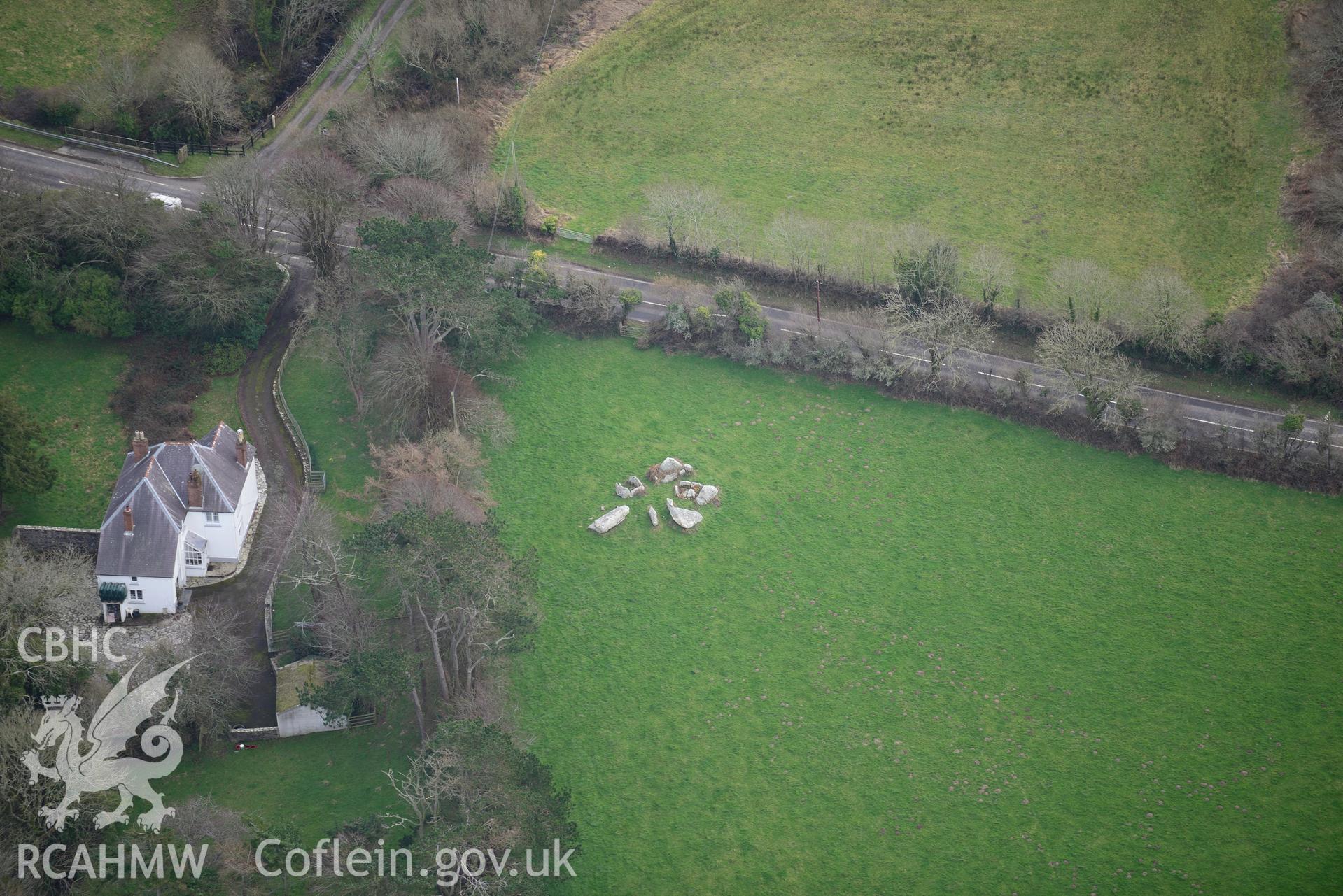 Cerrig-y-Gof chambered tomb. Oblique aerial photograph taken during the Royal Commission's programme of archaeological aerial reconnaissance by Toby Driver on 13th March 2015.