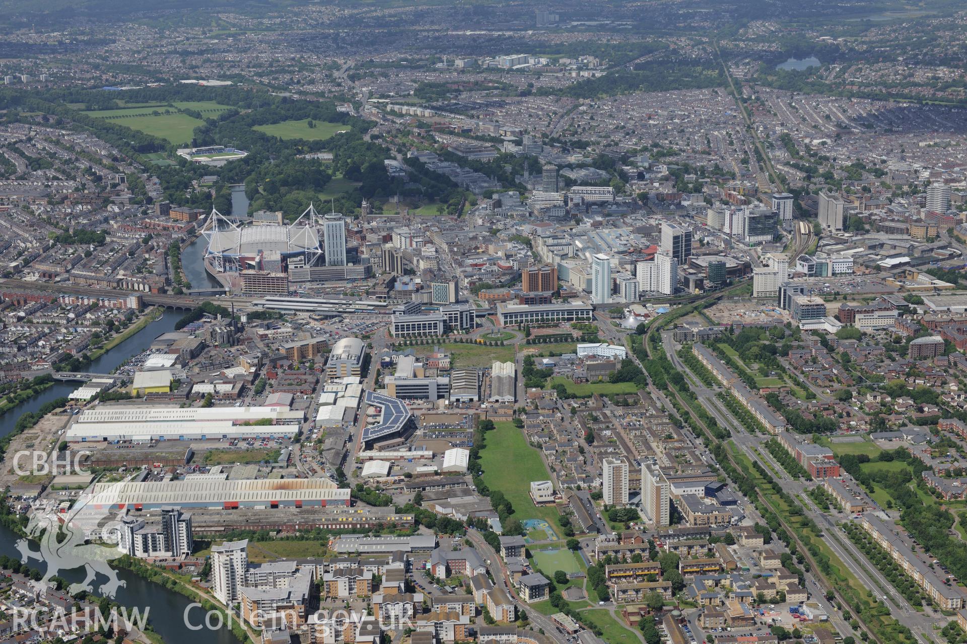 Pontcanna Fields; Sophia Gardens Cricket Ground; the Millennium Stadium; Central Railway Station and Cardiff and Vale College City Centre Campus, Cardiff. Oblique aerial photograph taken during the Royal Commission's programme of archaeological aerial reconnaissance by Toby Driver on 29th June 2015.