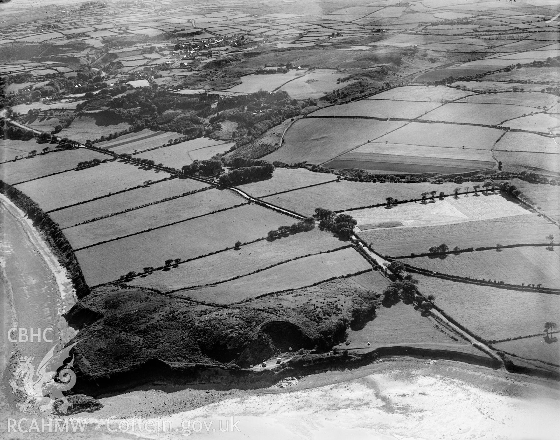 View of landscape (Penrhos and Carreg y Defaid) near Pwllheli, oblique aerial view. 5?x4? black and white glass plate negative.