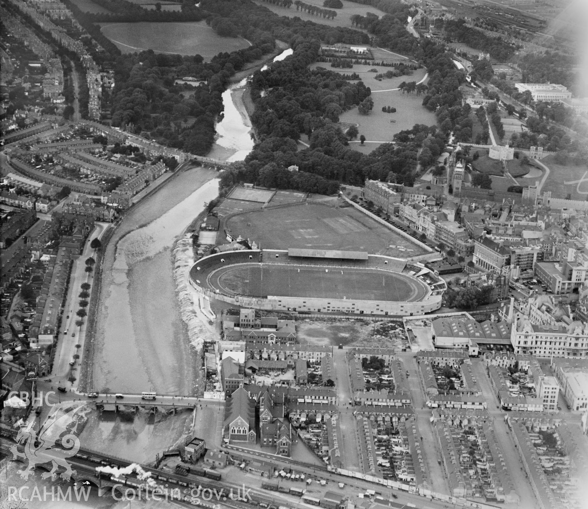 Cardiff Arms Park, and greyhound track, oblique aerial view. 5?x4? black and white glass plate negative.