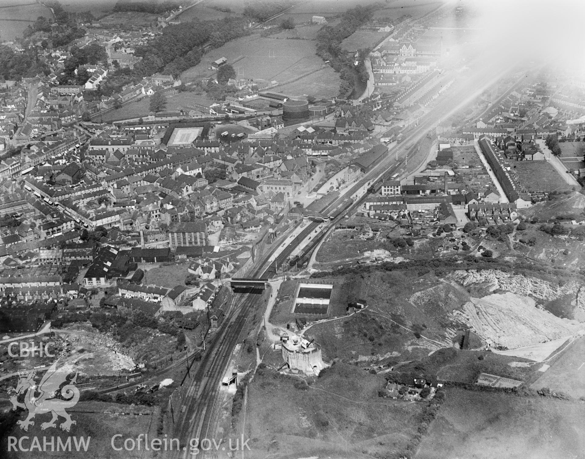 General view of Bridgend showing the Brewery Field stadium, oblique aerial view. 5?x4? black and white glass plate negative.