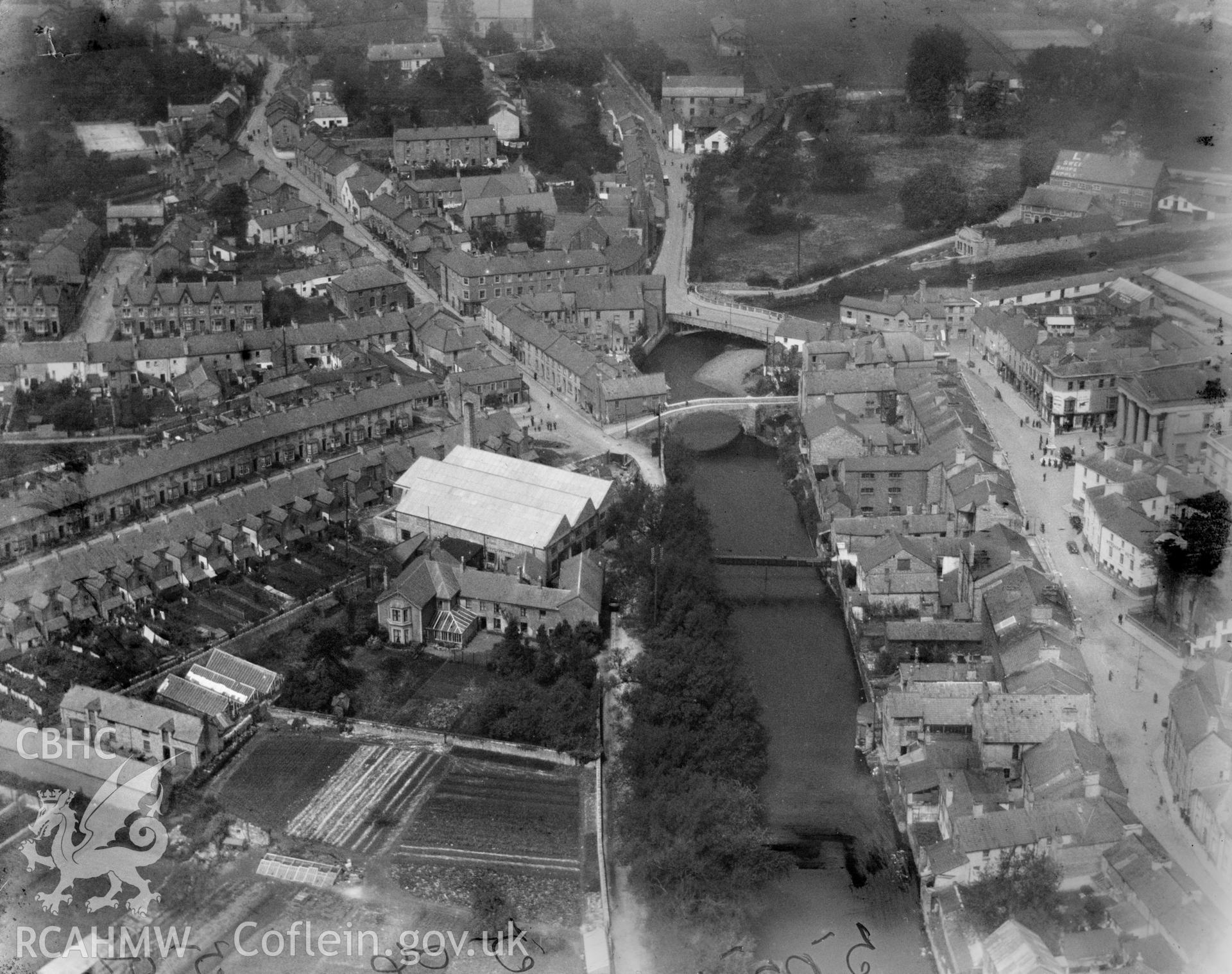 View of Bridgend showing Newbridge Fields, oblique aerial view. 5?x4? black and white glass plate negative.