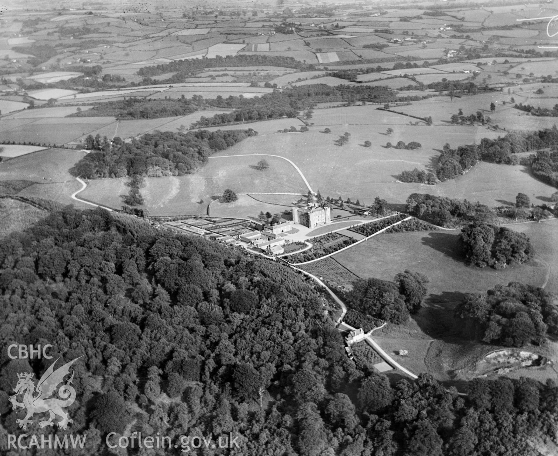 View of Ruperra Castle, Caerphilly, showing gardens, oblique aerial view. 5?x4? black and white glass plate negative.