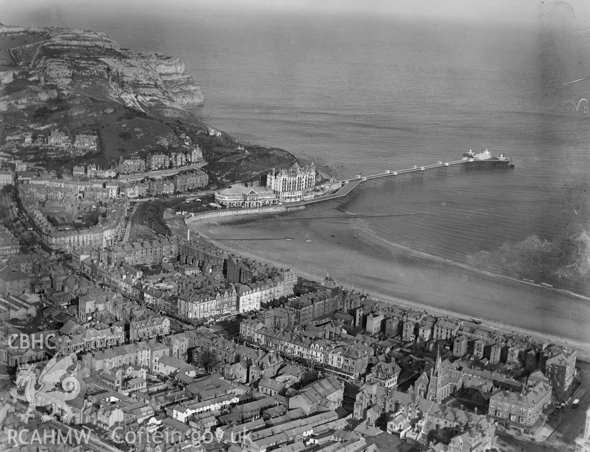 General view of Llandudno showing pier, oblique aerial view. 5?x4? black and white glass plate negative.