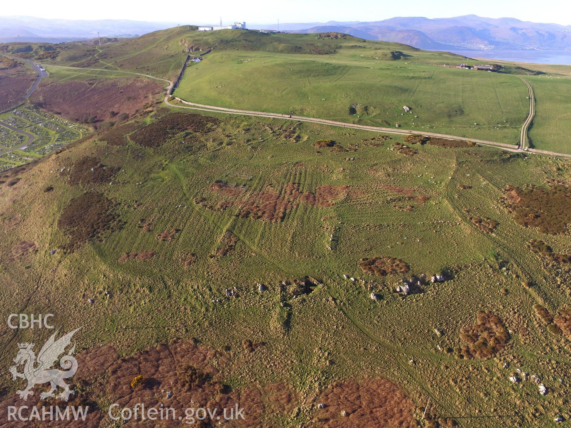 Colour photo showing aerial view of Hwylfa'r Ceirw deserted rural settlement on the Great Orme, Llandudno, taken by Paul R. Davis, 19th April 2018.