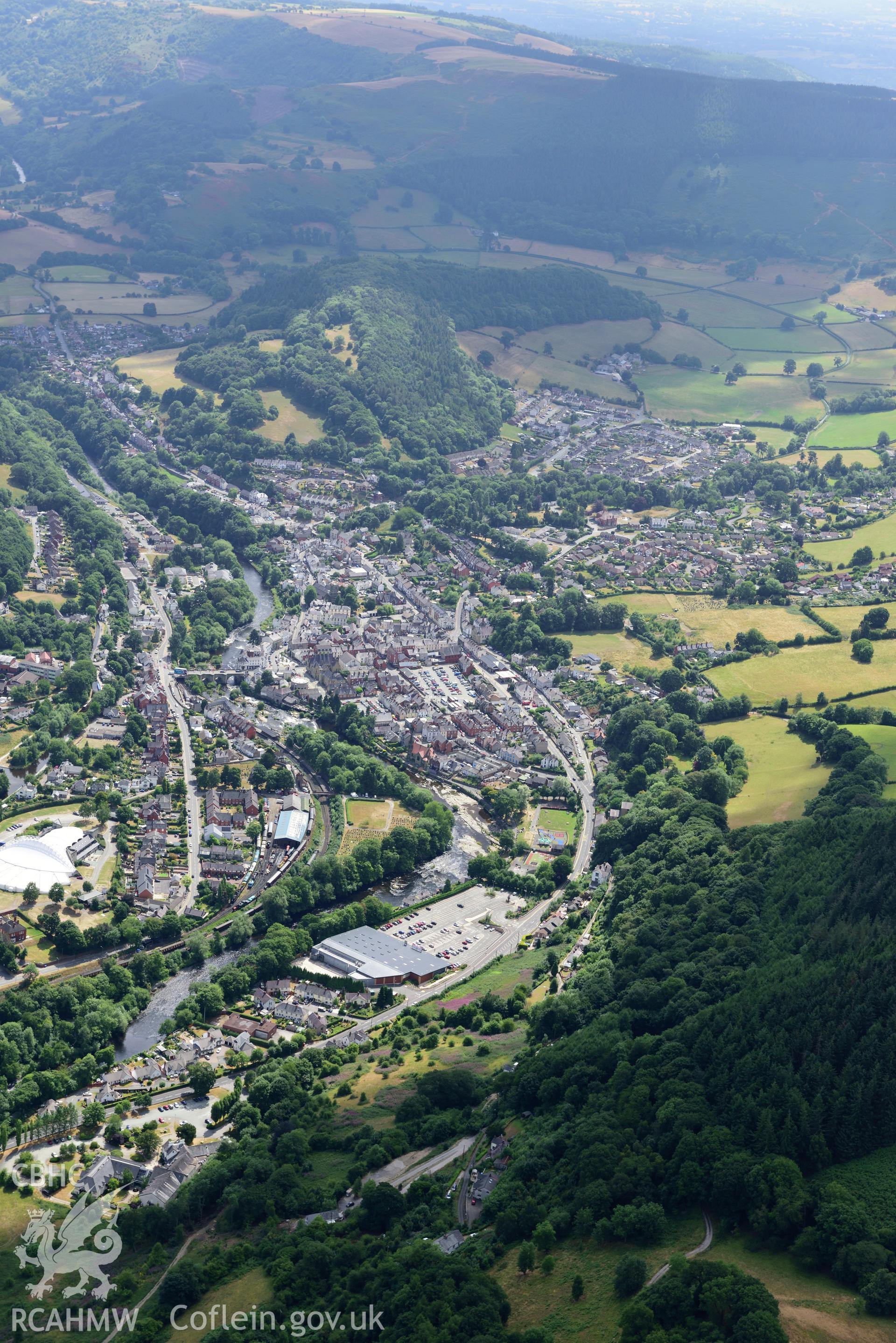 Royal Commission aerial photography of Llangollen from the north-west, taken on 19th July 2018 during the 2018 drought.