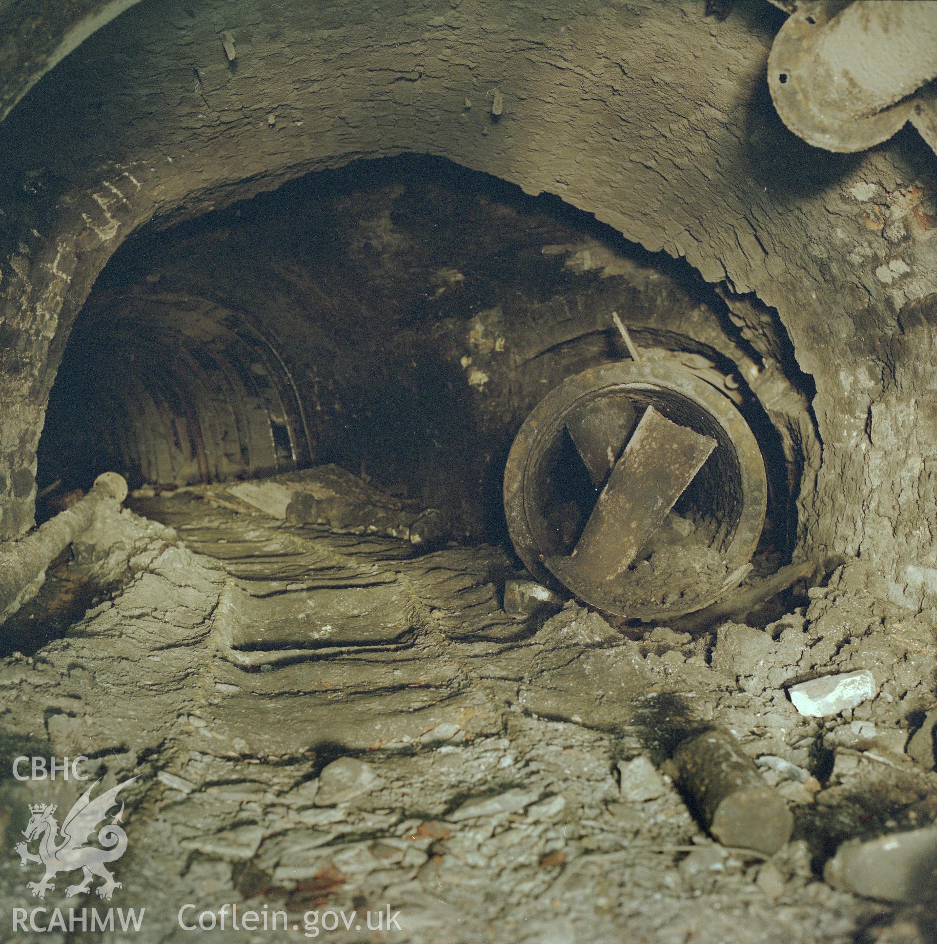 Digital copy of an acetate negative showing remains of an old boiler at Big Pit, from the John Cornwell Collection.