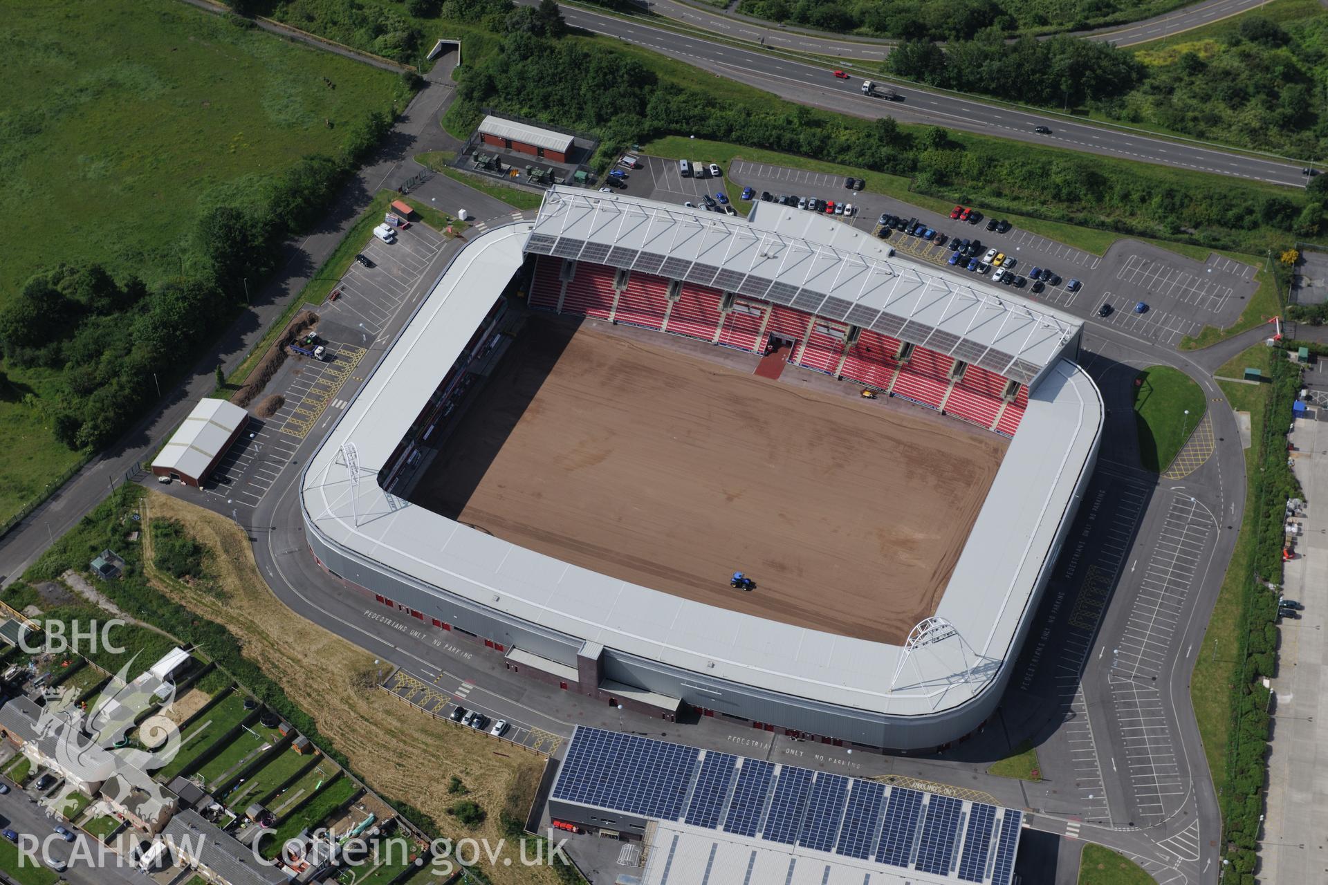 Parc-y-Scarlets Stadium, Llanelli. Oblique aerial photograph taken during the Royal Commission's programme of archaeological aerial reconnaissance by Toby Driver on 19th June 2015.