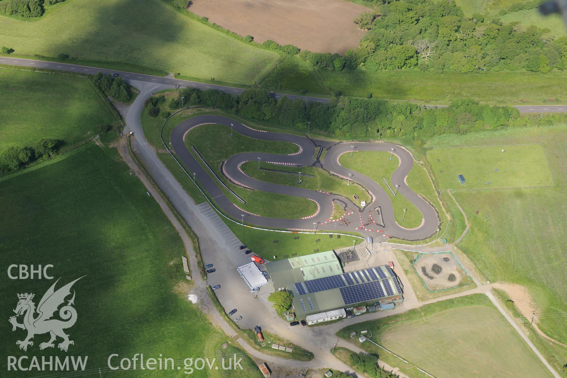 Glasfryn Parc go-karting track. Oblique aerial photograph taken during the Royal Commission's programme of archaeological aerial reconnaissance by Toby Driver on 23rd June 2015.