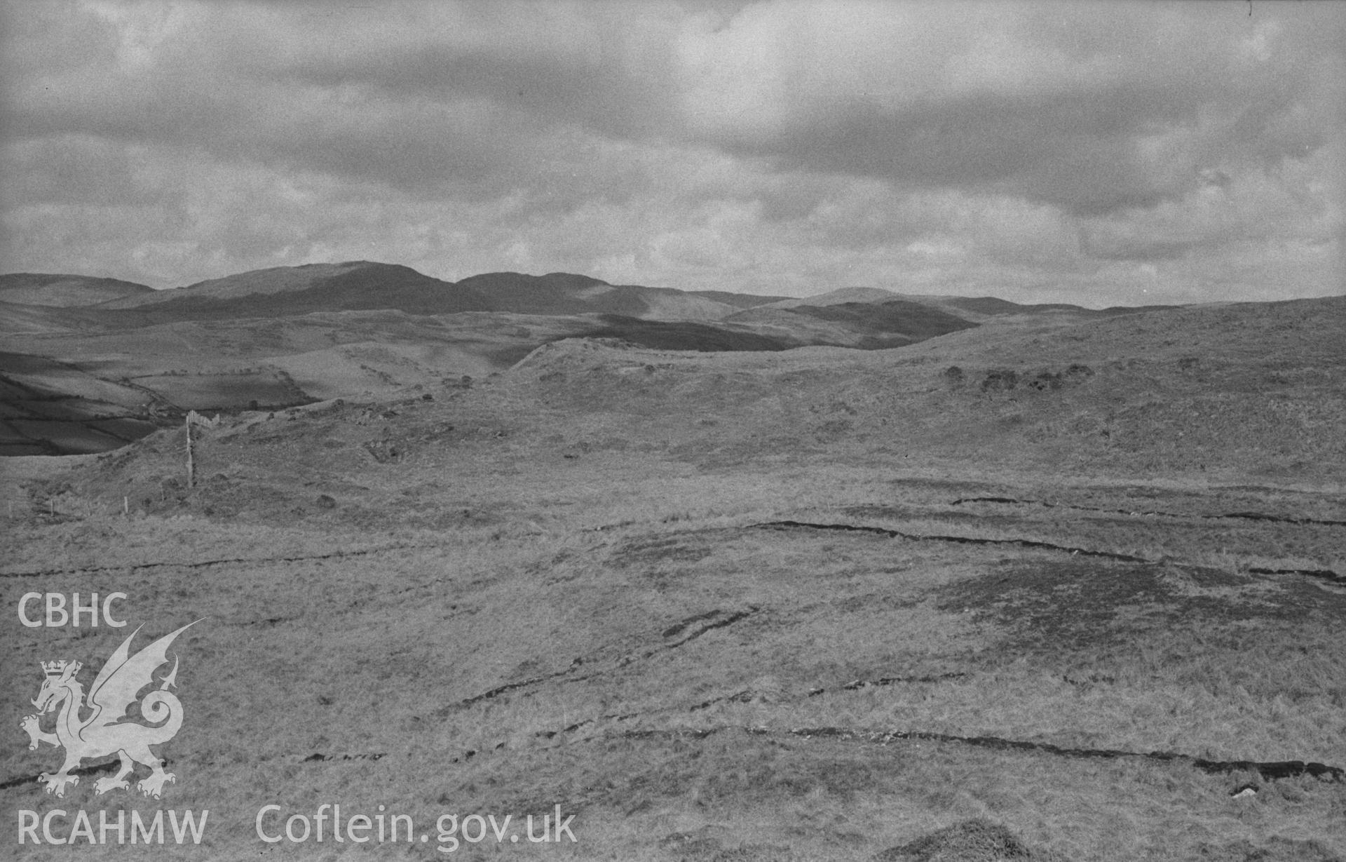 Digital copy of a black and white negative showing northwest corner of Pen Dinas, Elerch. Photographed in April 1963 by Arthur O. Chater from Grid Reference SN 6764 8767, looking north north east.