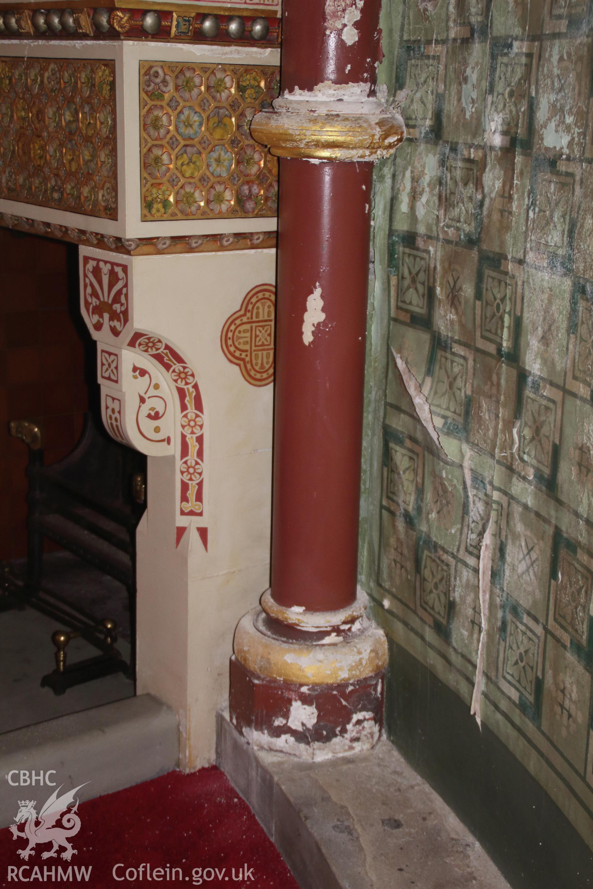 Pillar in Lady Bute's Bedroom at Castell Coch, 1st April 2019. From "Castell Coch, Tongwynlais, Cardiff. Archaeological Building Investigation & Recording & Watching Brief" by Richard Scott Jones of Heritage Recording Services Wales. Report No 202.