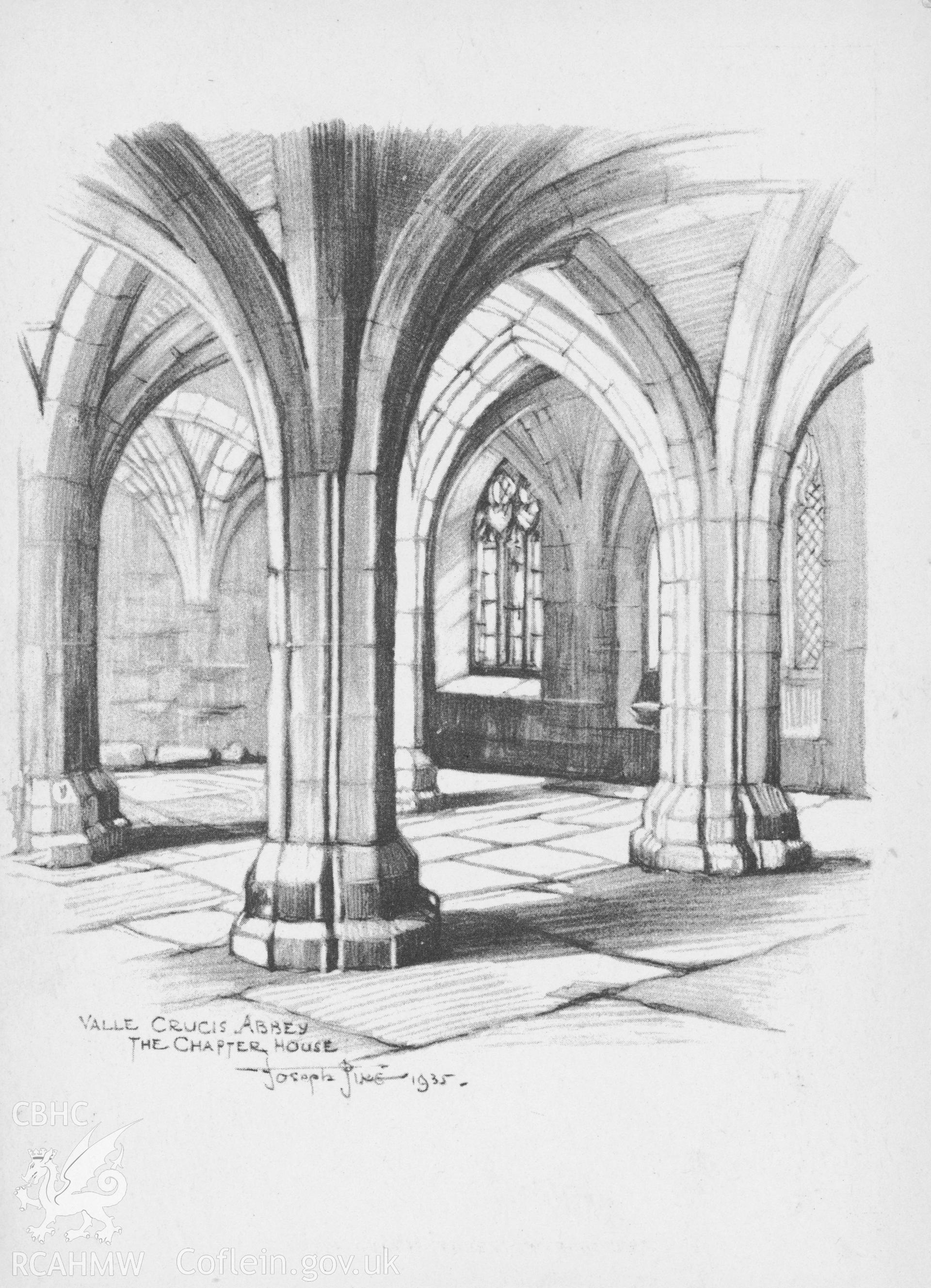 Digital copy of a black and white postcard showing Valle Crucis Abbey, the chapter house, by Joseph Pike, 1935.