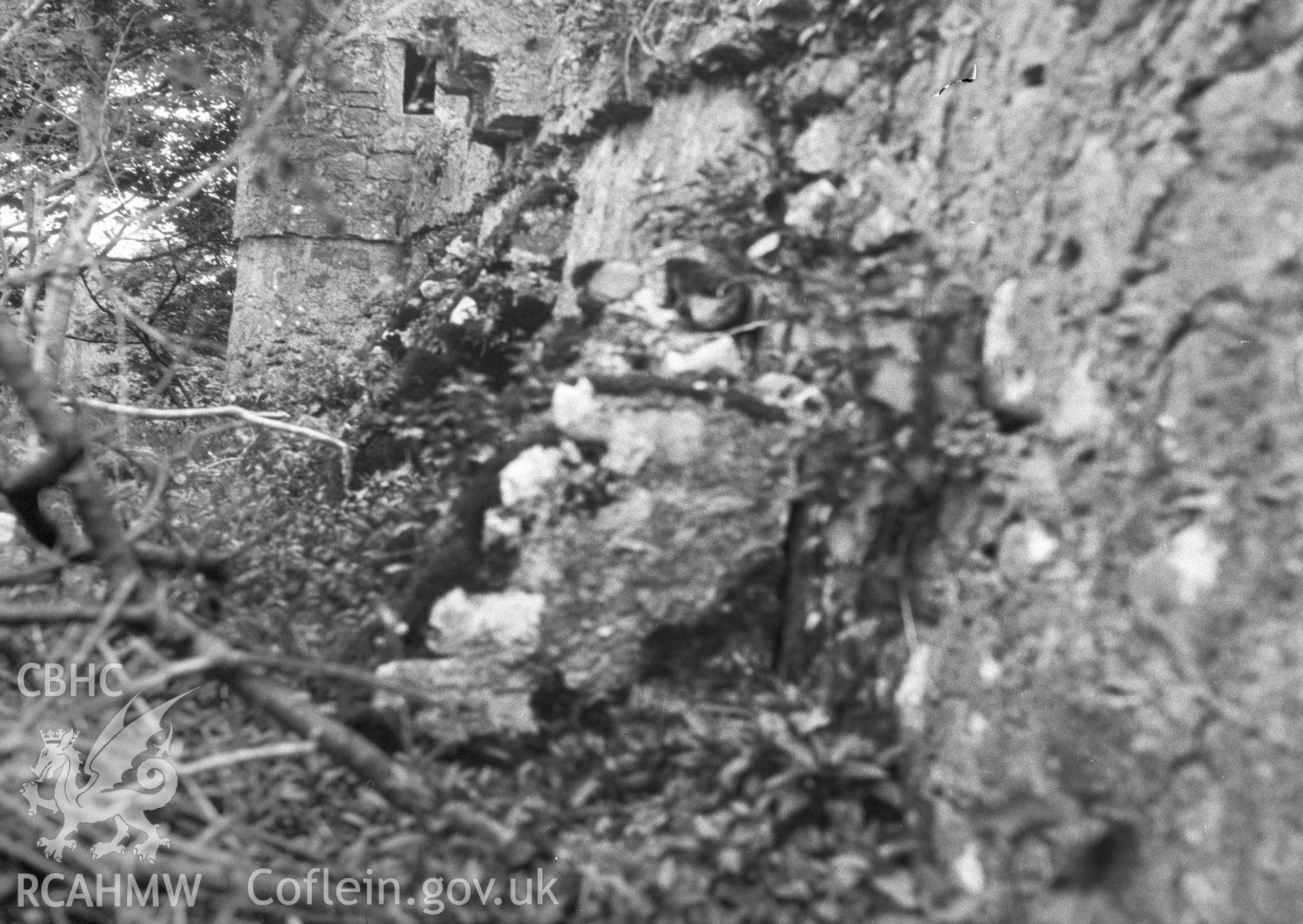 Digital copy of a nitrate negative showing Aber Lleingiog Castle. From Cadw Monuments in Care Collection.