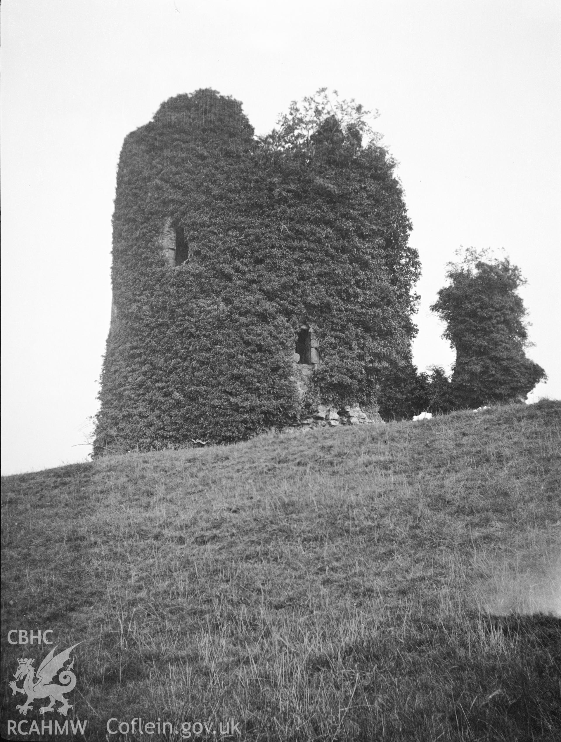 Digital copy of a nitrate negative showing exterior view of ruined circular tower, Narberth Castle. From the National Building Record Postcard Collection.