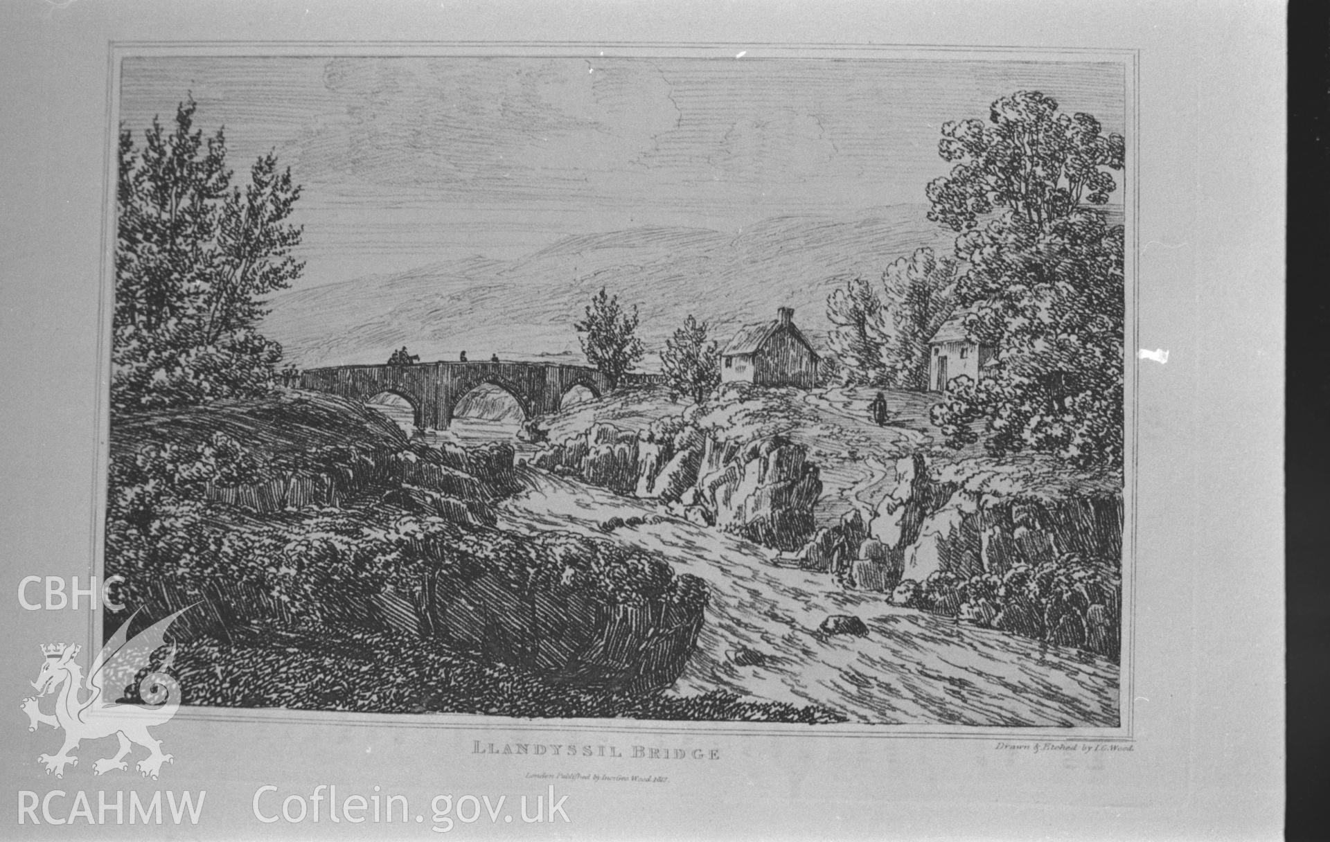 'Llandyssil Bridge' drawn and engraved by J. G. Woods, c.1810. Photographed by Arthur O. Chater in January 1968 for his own private research.