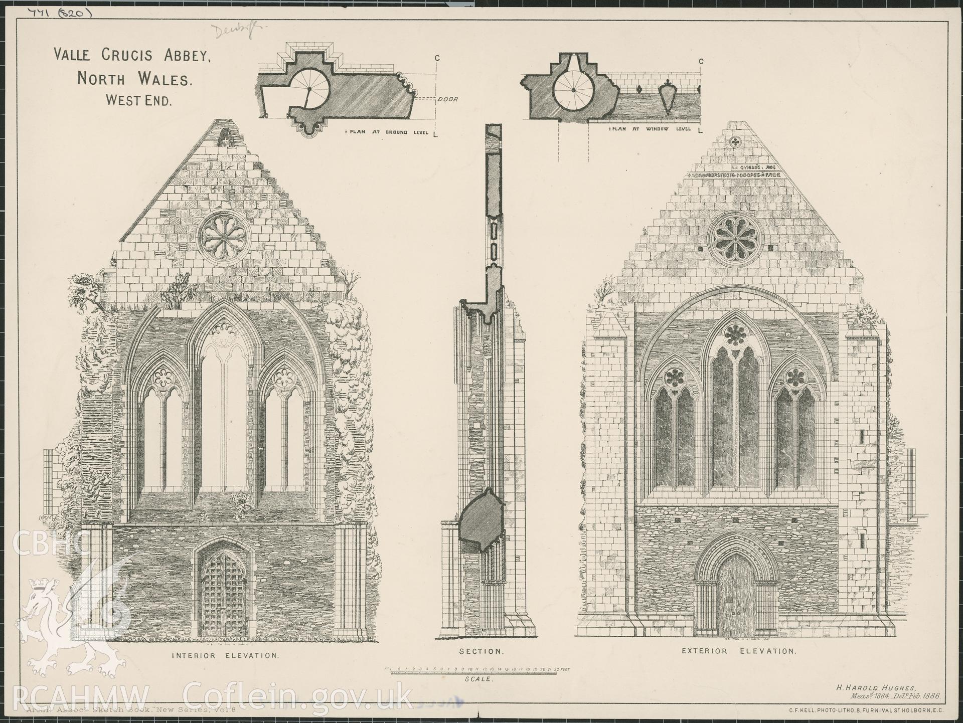 Digitised copy of a non RCAHMW drawing showing elevation, section and detail at Valle Crucis Abbey.