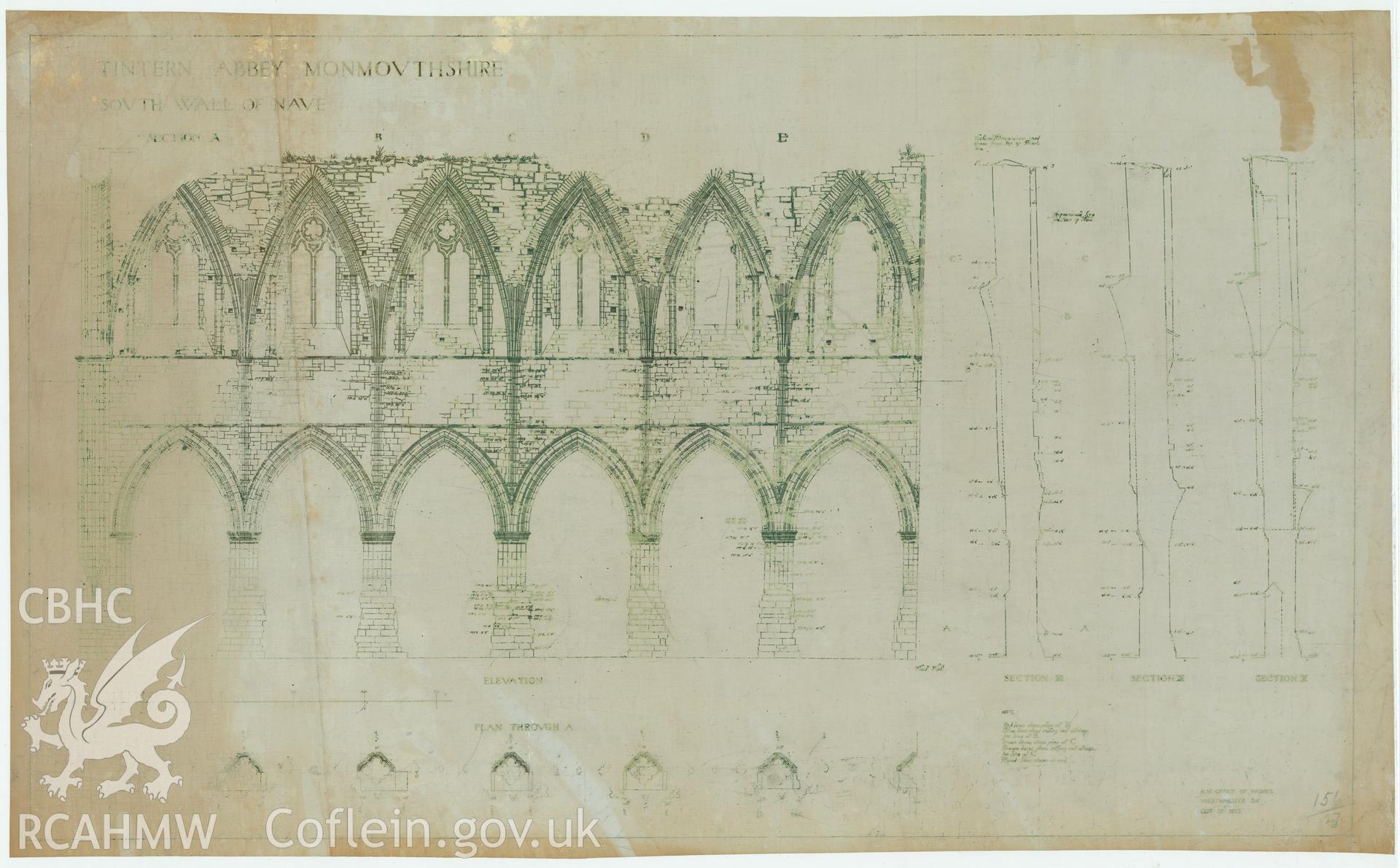 Digital copy of Cadw guardianship monument drawing, green ink on waxed paper, elevation and sections of south wall of nave,  Tintern Abbey.  Dated  29th October 1913.