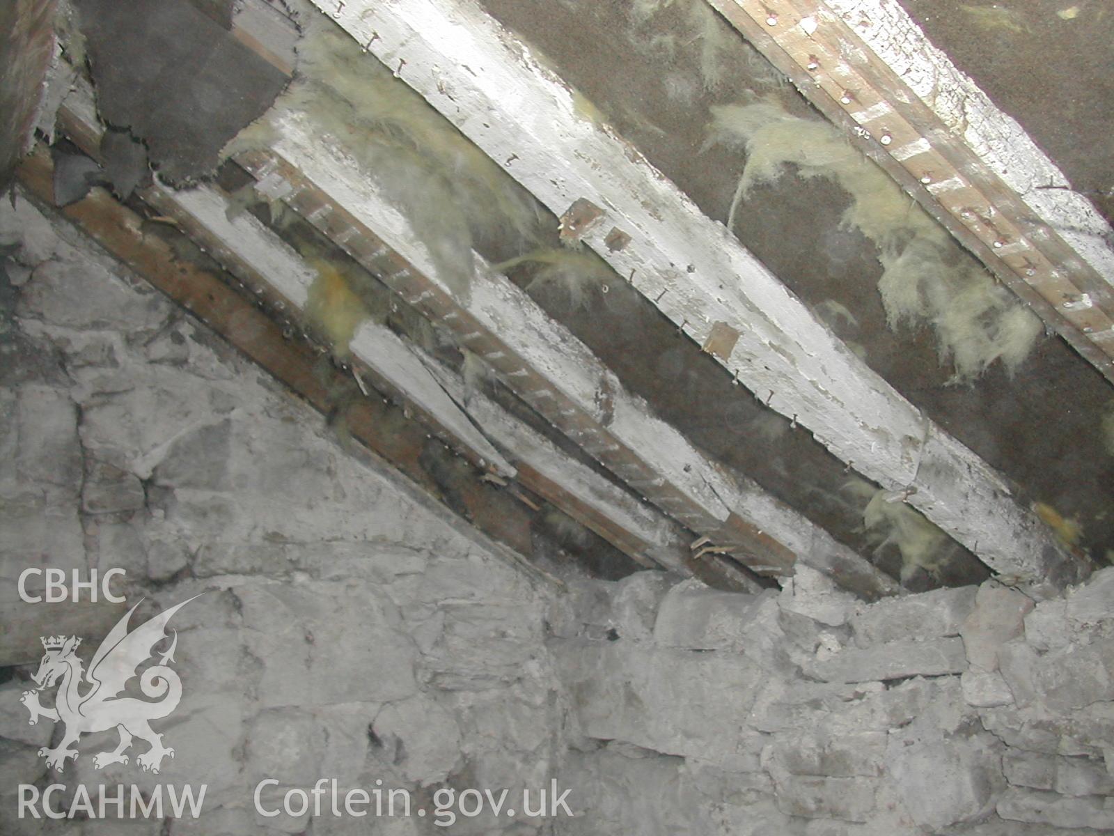 Colour photograph showing detailed view of attic ceiling at Rosacre, Gronant, Prestatyn. Unknown date. Donated by the Conservation Department of Flintshire County Council, in advance of relocation to new offices.