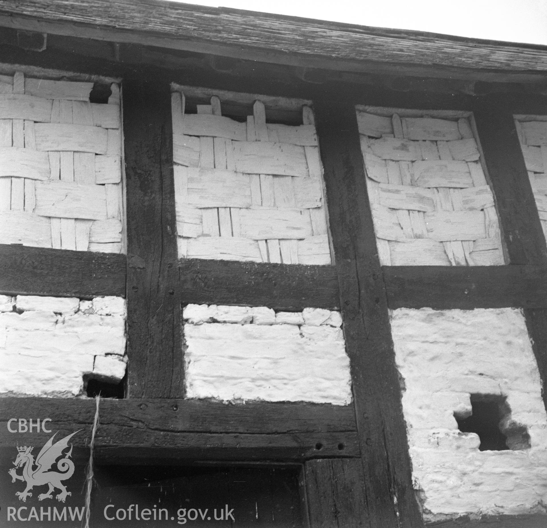 Digital copy of a nitrate negative showing timber detail of barn at Cefn Coch, Ruthin, Denbighshire.