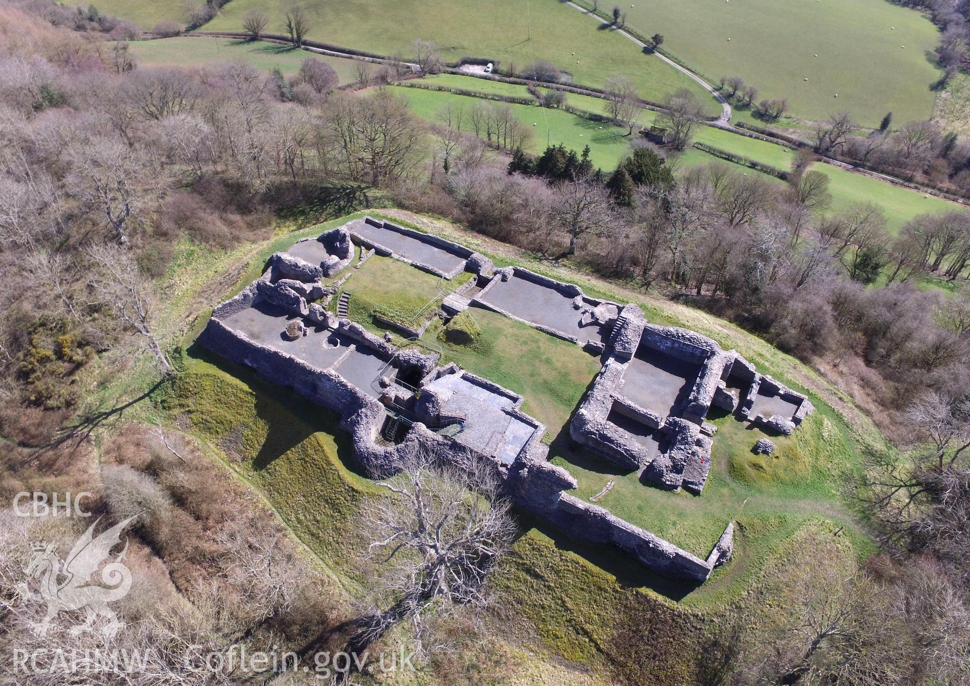 Colour photo showing view of Dolforwyn Castle, Abermule, taken by Paul R. Davis, 2018.