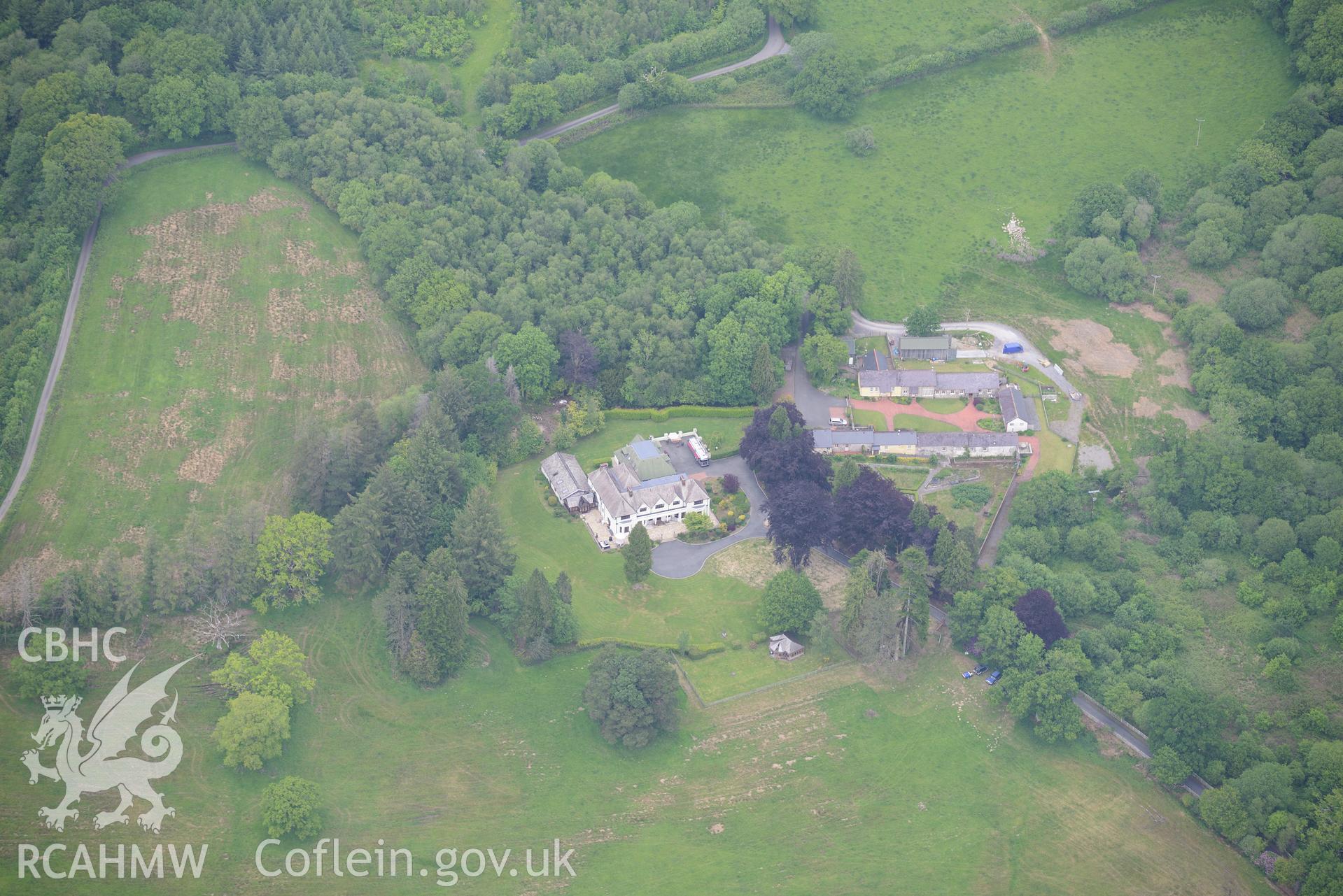 Upton Hall, Nantgaredig. Oblique aerial photograph taken during the Royal Commission's programme of archaeological aerial reconnaissance by Toby Driver on 11th June 2015.
