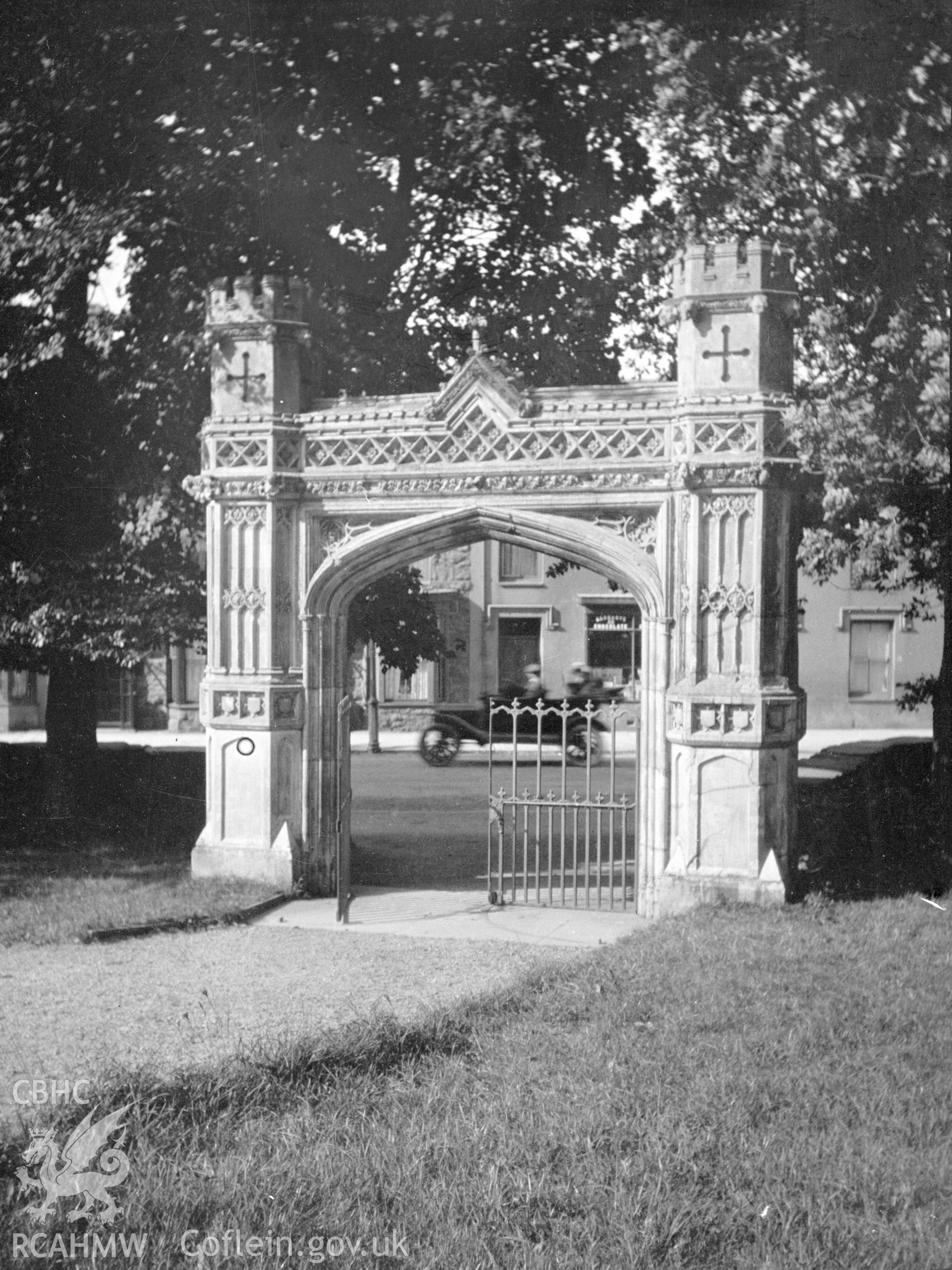 Digital copy of a nitrate negative showing the gate at Tremadog Church