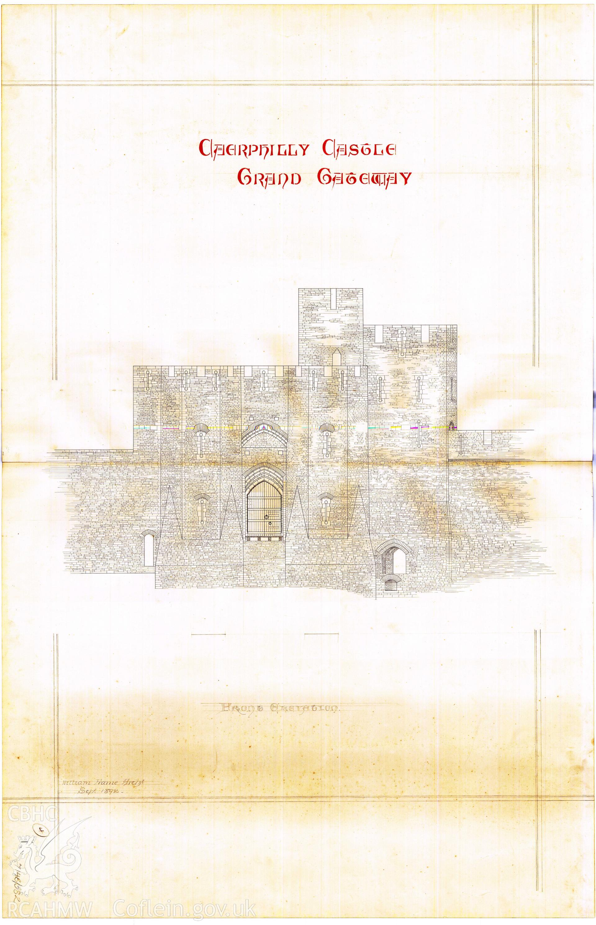 Cadw guardianship monument drawing of Caerphilly Castle. Grand Gateway Elevations. Cadw Ref. No:714B/382. Scale 1:96.