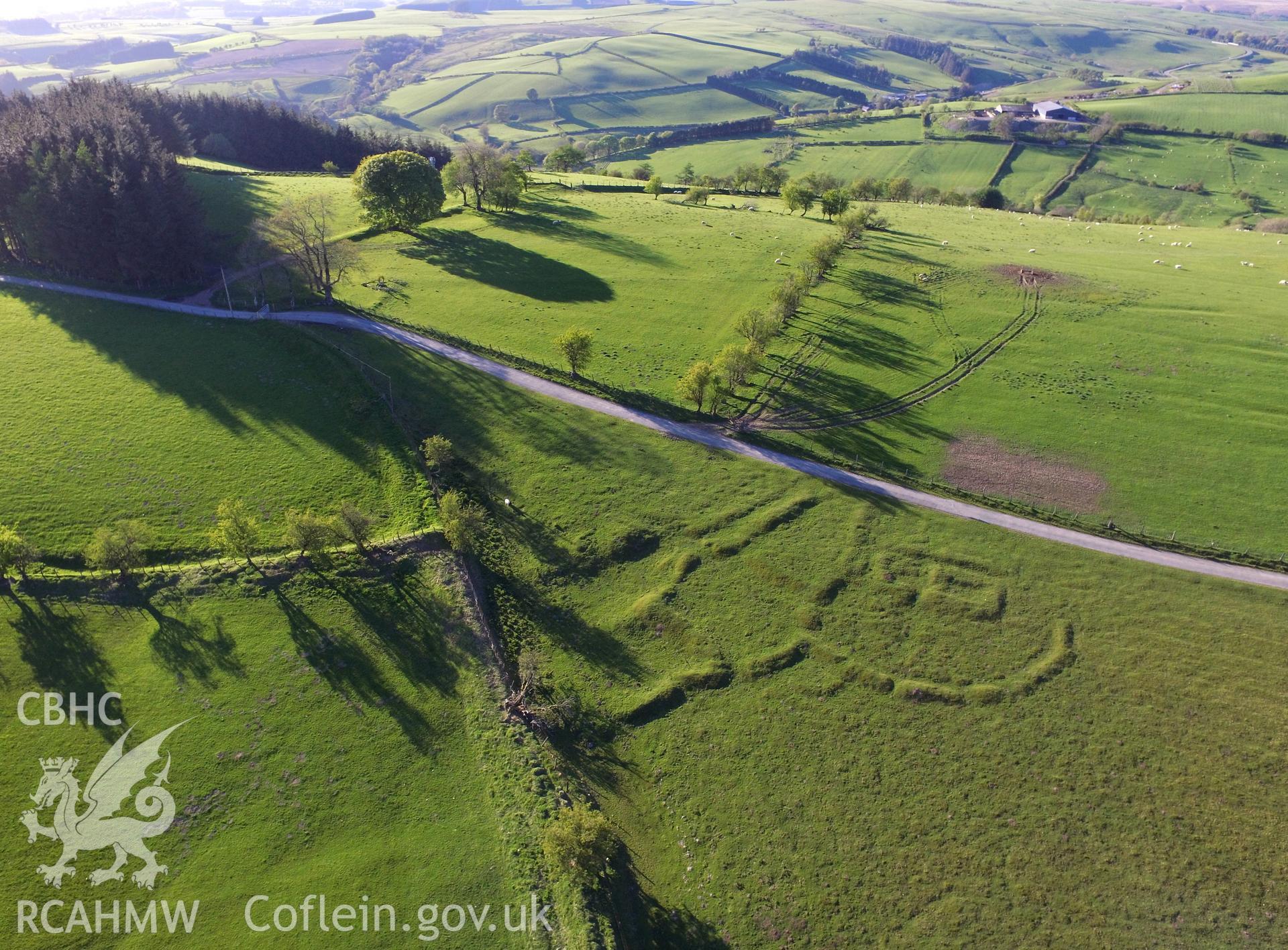 Colour photo showing aerial view of deserted rural settlement at Fron Top, Llanbister, taken by Paul R. Davis, 13th May 2018.