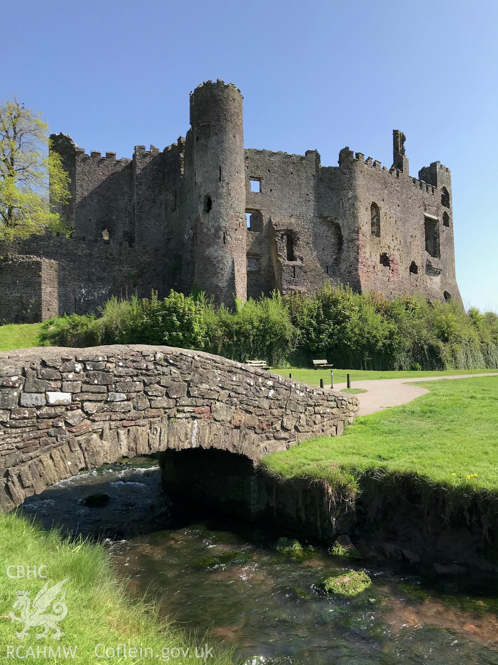 Colour photo showing exterior view of Laugharne Castle, taken by Paul R. Davis, 6th May 2018.
